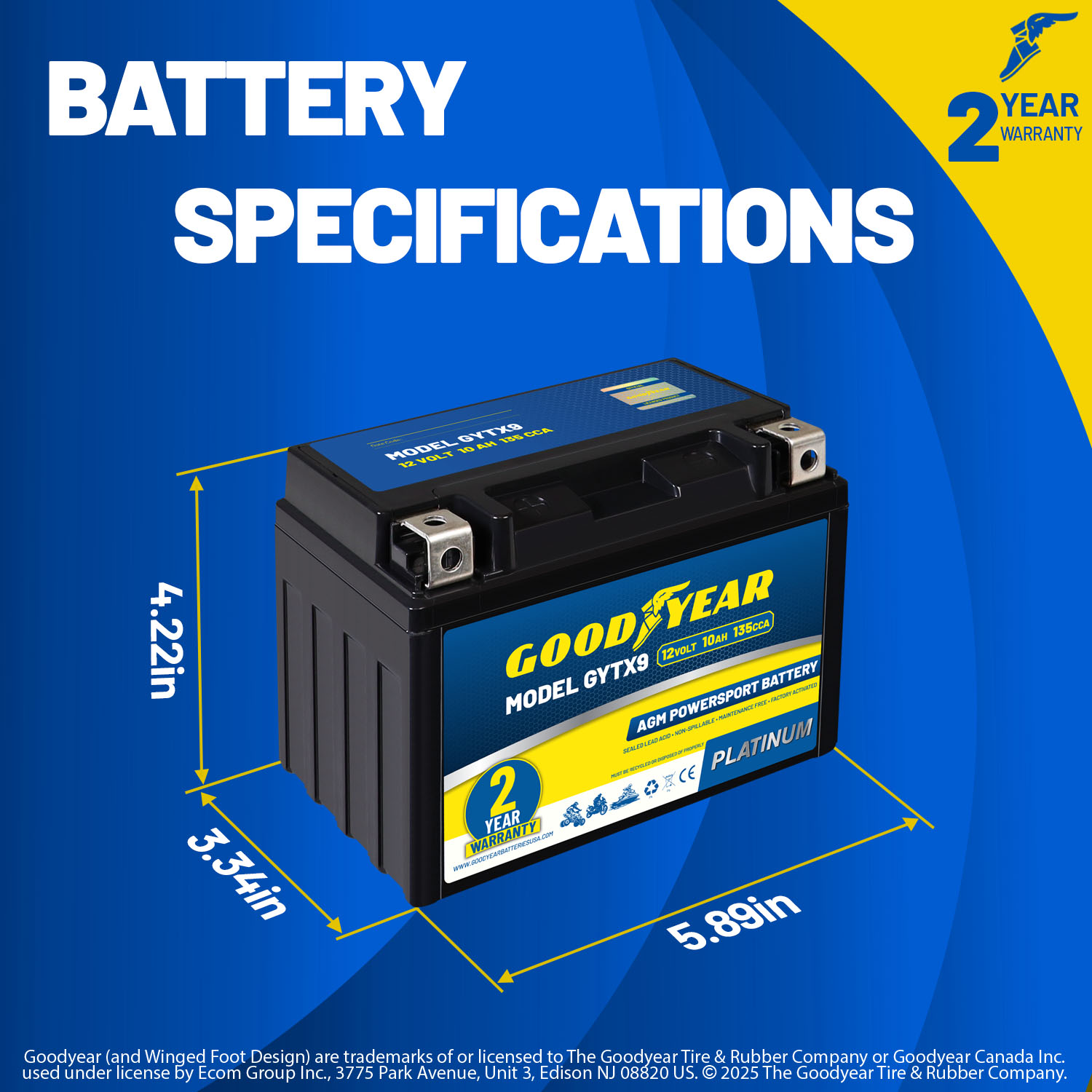 Goodyear GYTX9 - 12 Volt 10 AH, 135 CCA, Rechargeable High-Performance, Maintenance Free, SLA - AGM Battery for Motorcycle, ATV, UTV, 4-Wheeler, Snowmobile, Watercraft and more!
