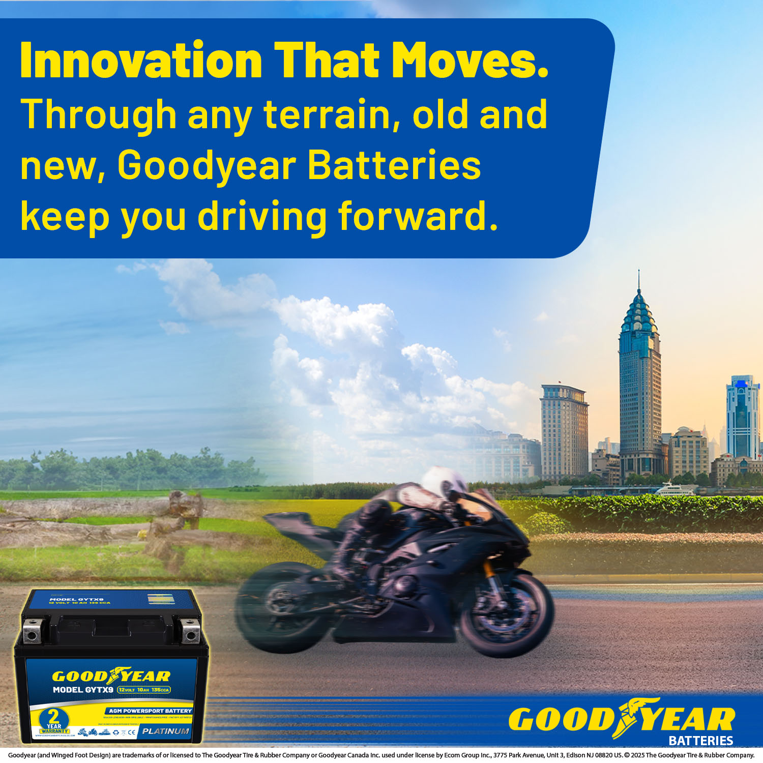 Goodyear GYTX9 - 12 Volt 10 AH, 135 CCA, Rechargeable High-Performance, Maintenance Free, SLA - AGM Battery for Motorcycle, ATV, UTV, 4-Wheeler, Snowmobile, Watercraft and more!