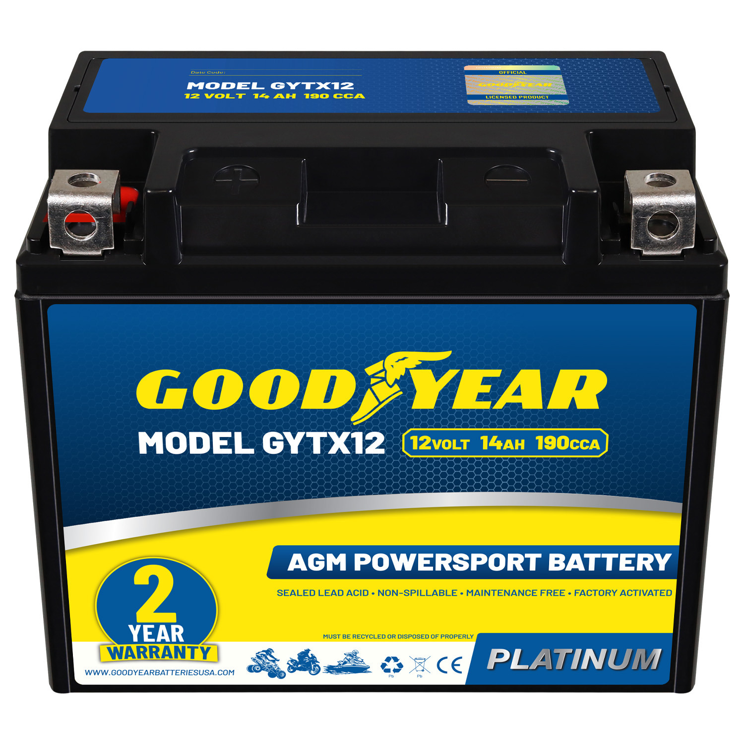 Goodyear GYTX12 - 12 Volt 14 AH, 190 CCA, Rechargeable High-Performance, Maintenance Free, SLA - AGM Battery for Motorcycle, ATV, UTV, 4-Wheeler, Snowmobile, Watercraft and more!