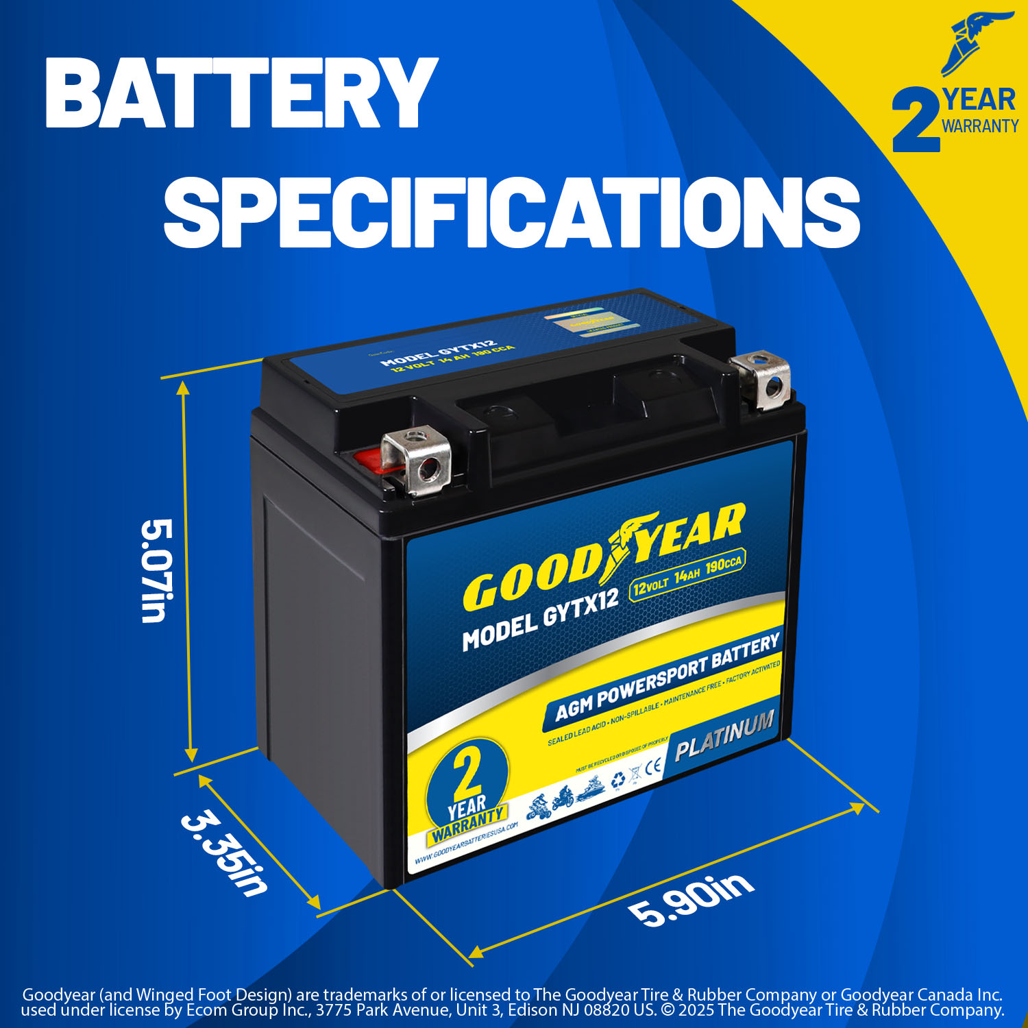 Goodyear GYTX12 - 12 Volt 14 AH, 190 CCA, Rechargeable High-Performance, Maintenance Free, SLA - AGM Battery for Motorcycle, ATV, UTV, 4-Wheeler, Snowmobile, Watercraft and more!