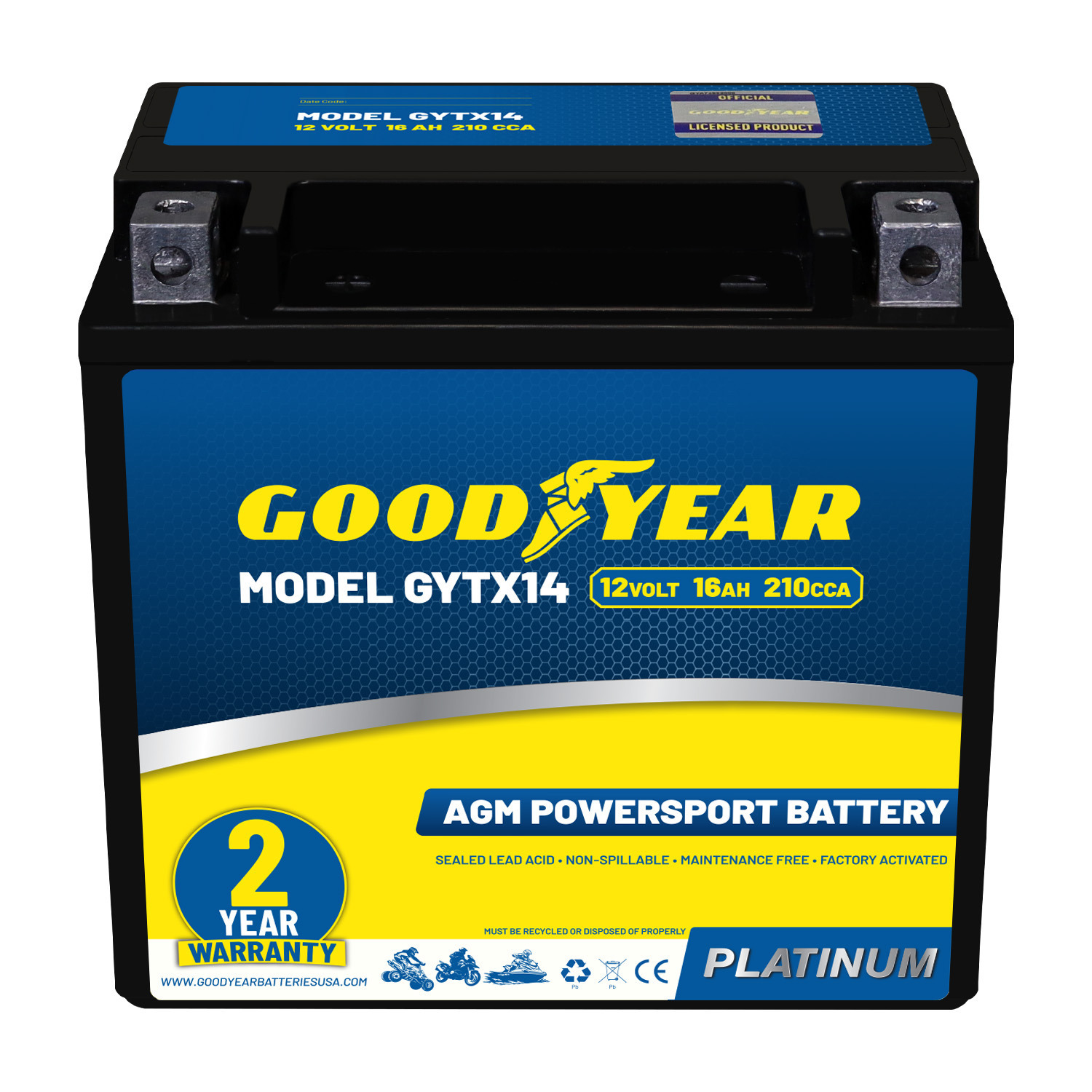 Goodyear GYTX14 - 12 Volt 16 AH, 210 CCA, Rechargeable High-Performance, Maintenance Free, SLA - AGM Battery for Motorcycle, ATV, UTV, 4-Wheeler, Snowmobile, Watercraft and more!