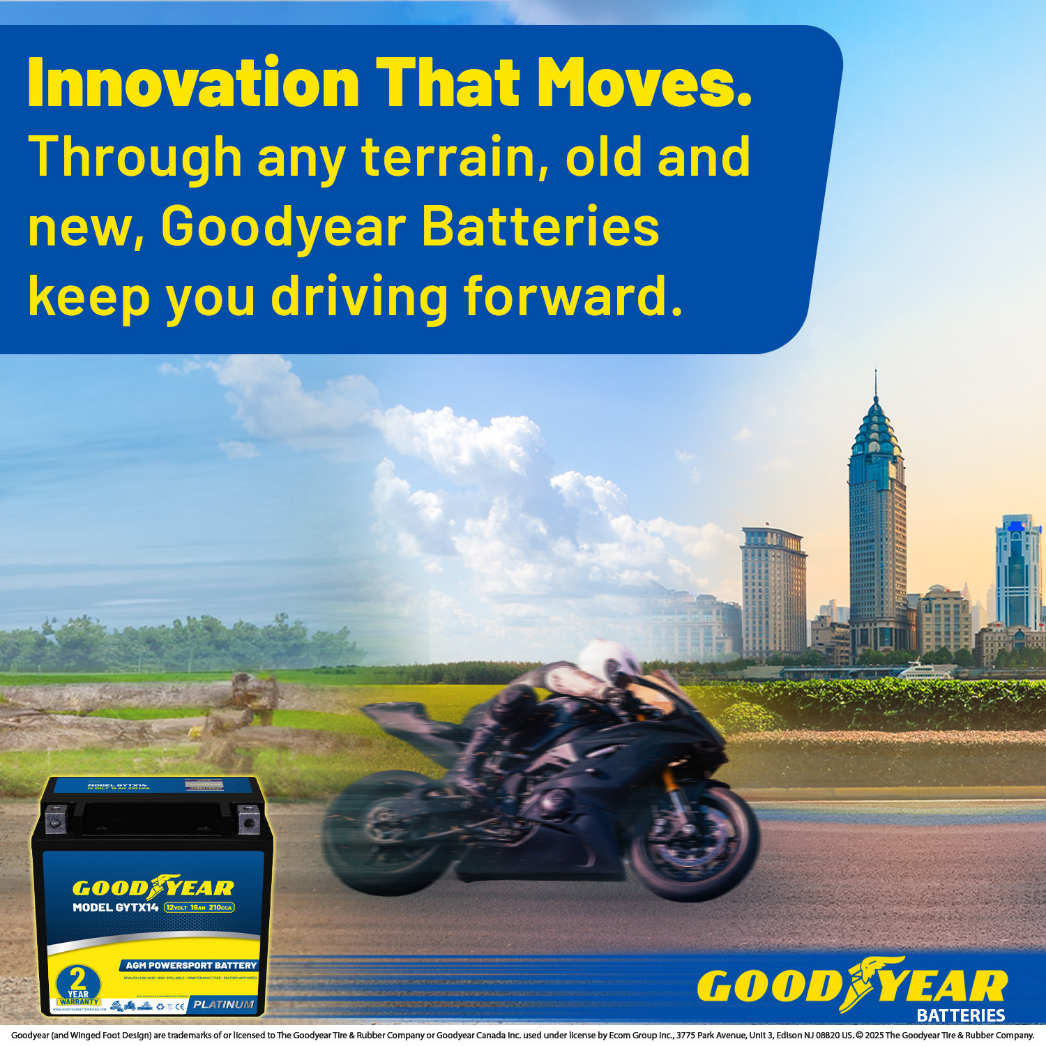 Goodyear GYTX14 - 12 Volt 16 AH, 210 CCA, Rechargeable High-Performance, Maintenance Free, SLA - AGM Battery for Motorcycle, ATV, UTV, 4-Wheeler, Snowmobile, Watercraft and more!