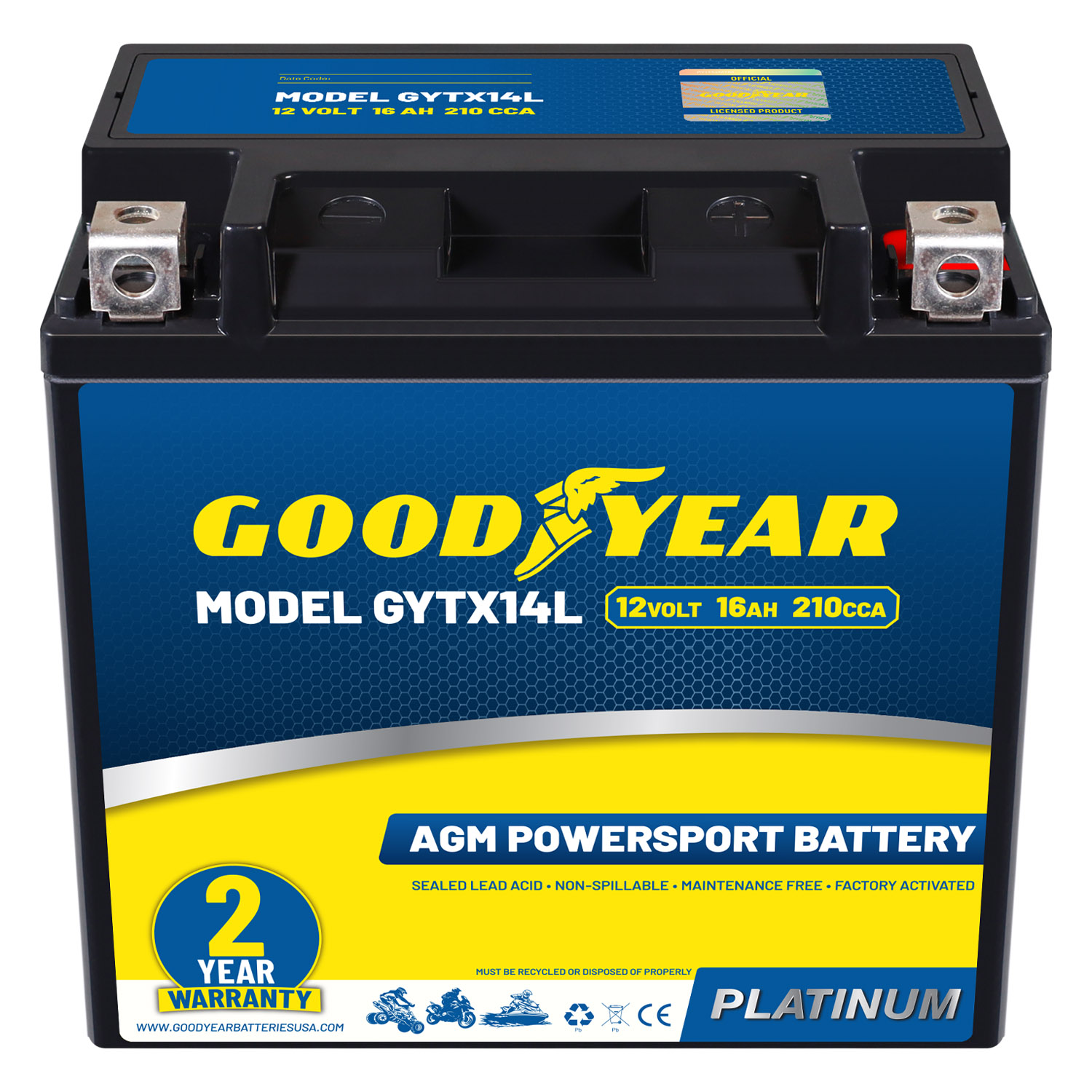Goodyear GYTX14L -12 Volt 16 AH, 210 CCA, Rechargeable High-Performance, Maintenance Free, SLA - AGM Battery for Motorcycle, ATV, UTV, 4-Wheeler, Snowmobile, Watercraft and more!