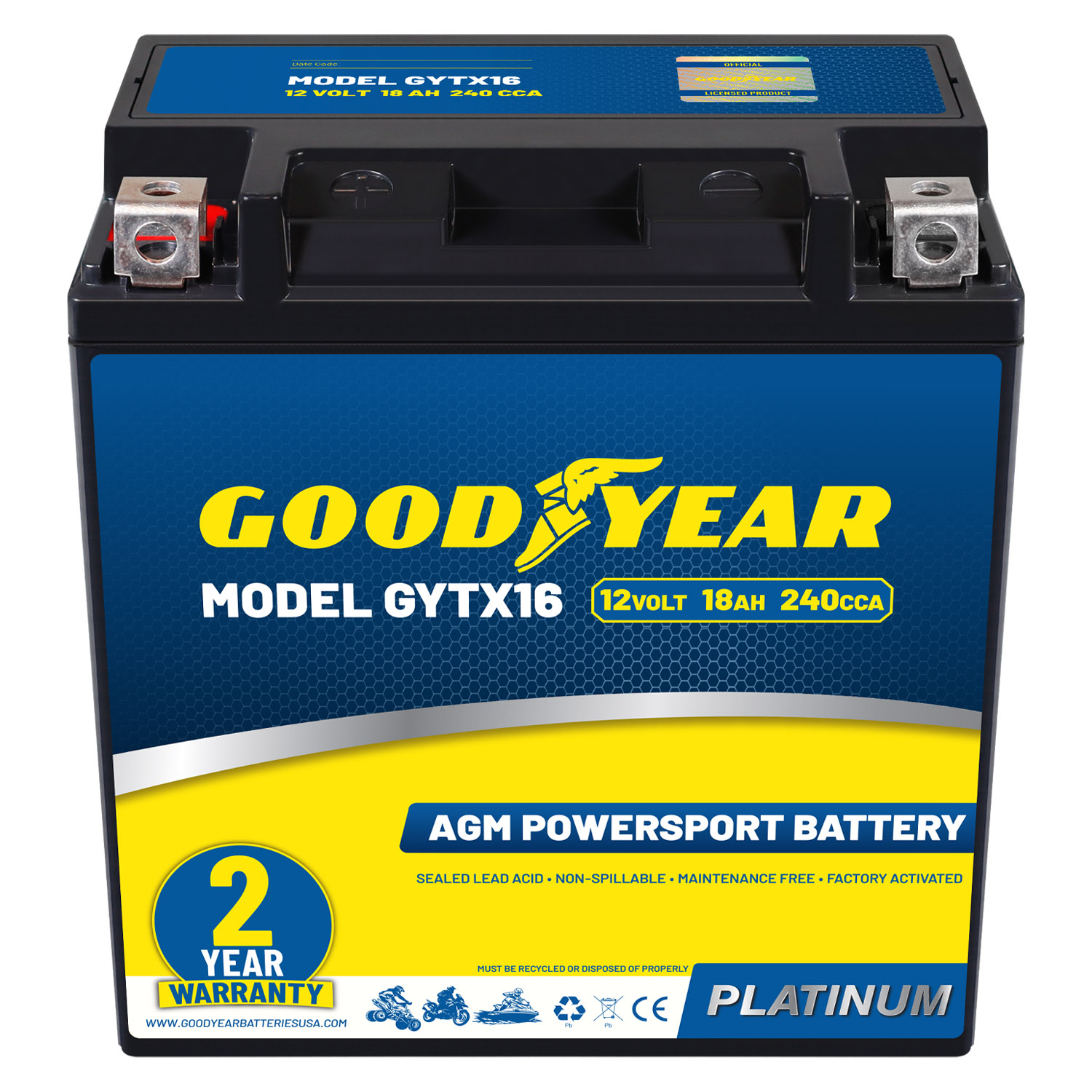 Goodyear GYTX16 - 12 Volt 18 AH, 240 CCA, Rechargeable High-Performance, Maintenance Free, SLA - AGM Battery for Motorcycle, ATV, UTV, 4-Wheeler, Snowmobile, Watercraft and more!