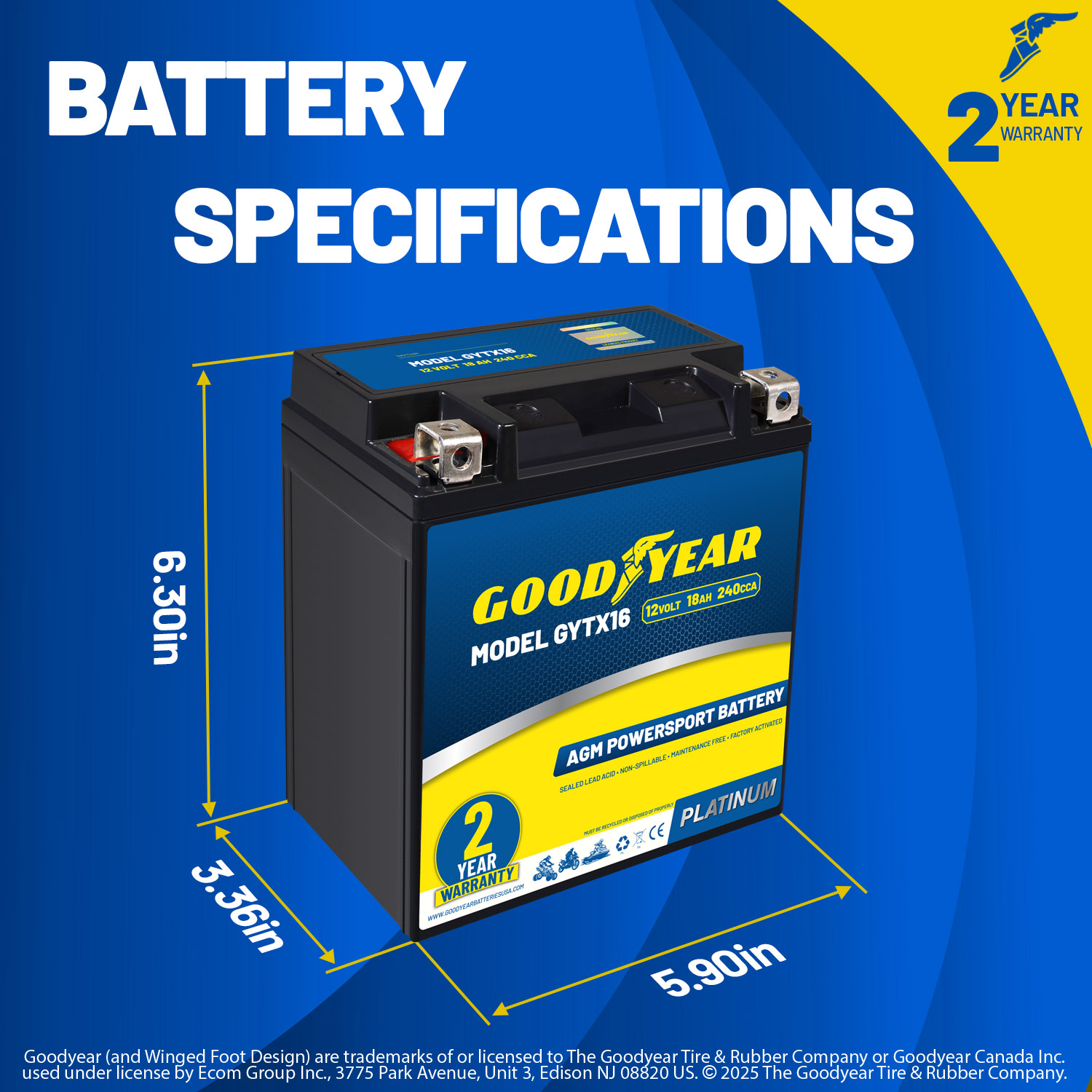 Goodyear GYTX16 - 12 Volt 18 AH, 240 CCA, Rechargeable High-Performance, Maintenance Free, SLA - AGM Battery for Motorcycle, ATV, UTV, 4-Wheeler, Snowmobile, Watercraft and more!
