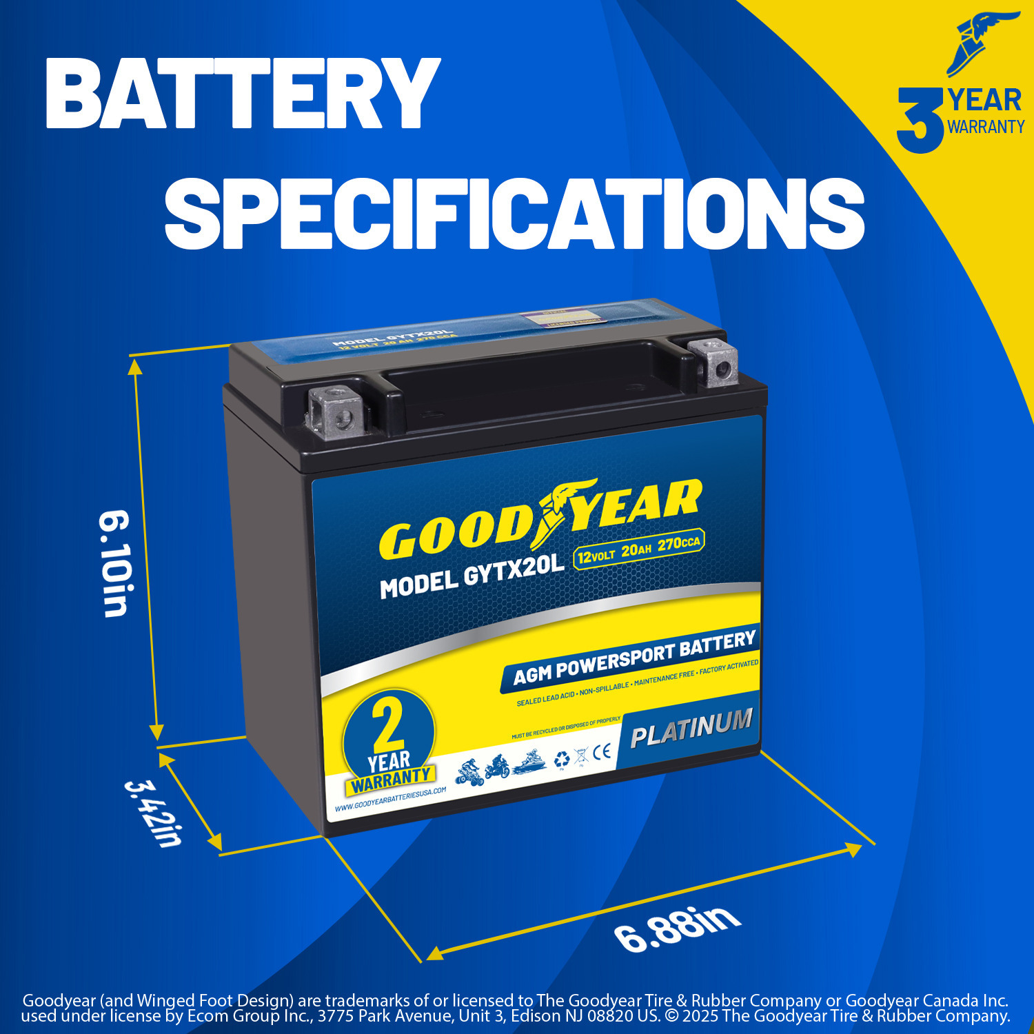 Goodyear GYTX20L - 12 Volt 20 AH, 270 CCA, Rechargeable High-Performance, Maintenance Free, SLA - AGM Battery for Motorcycle, ATV, UTV, Scooter, Snowmobile, Motorbike and more!