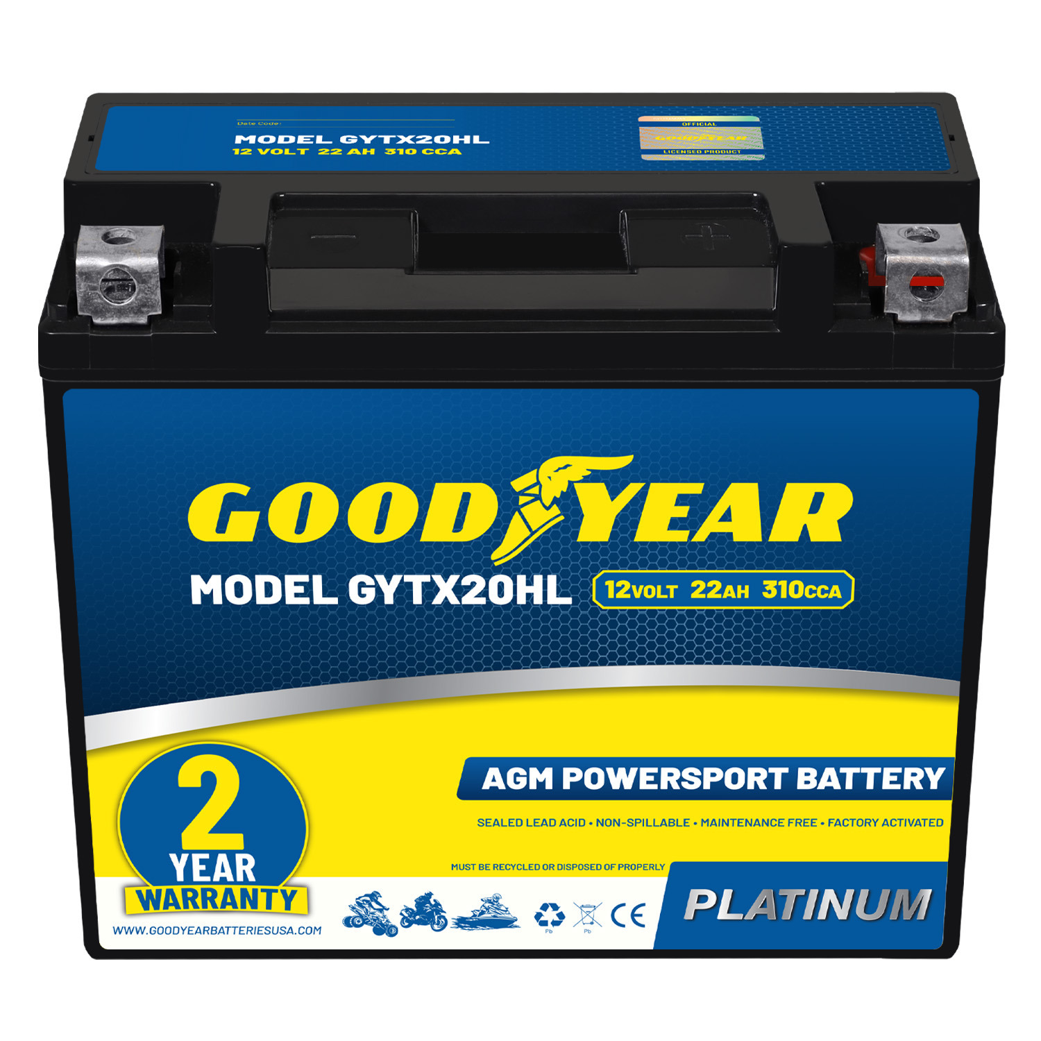 Goodyear GYTX20HL - 12 Volt 22 AH, 310 CCA, Rechargeable High-Performance, Maintenance Free, SLA - AGM Battery for Motorcycle, ATV, UTV, Scooter, Snowmobile, Motorbike and more!