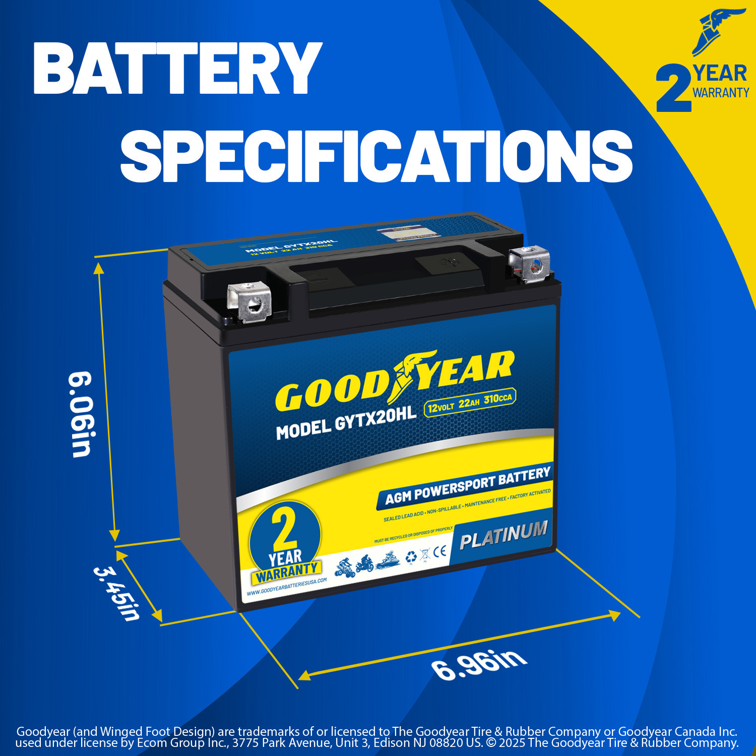 Goodyear GYTX20HL - 12 Volt 22 AH, 310 CCA, Rechargeable High-Performance, Maintenance Free, SLA - AGM Battery for Motorcycle, ATV, UTV, Scooter, Snowmobile, Motorbike and more!