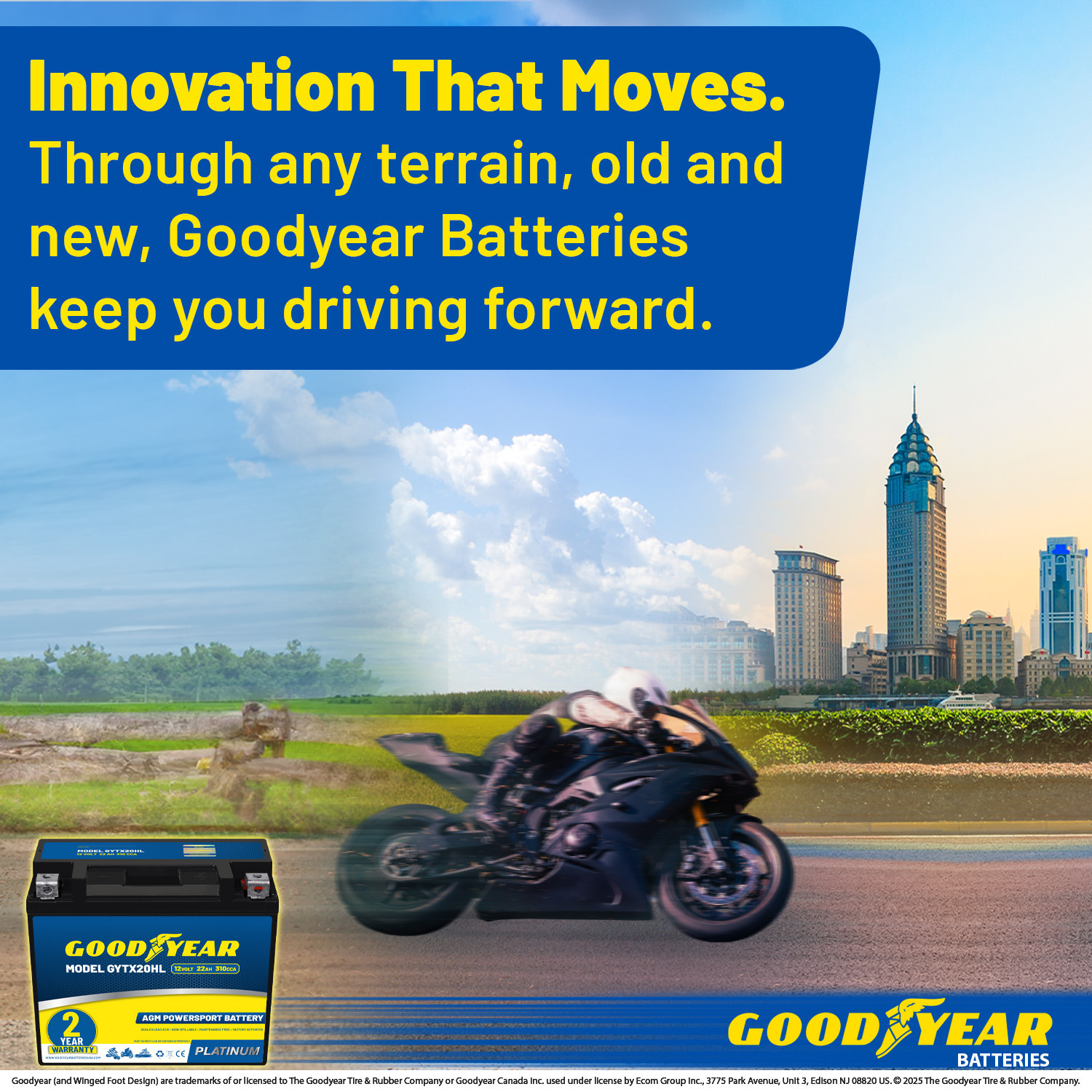 Goodyear GYTX20HL - 12 Volt 22 AH, 310 CCA, Rechargeable High-Performance, Maintenance Free, SLA - AGM Battery for Motorcycle, ATV, UTV, Scooter, Snowmobile, Motorbike and more!