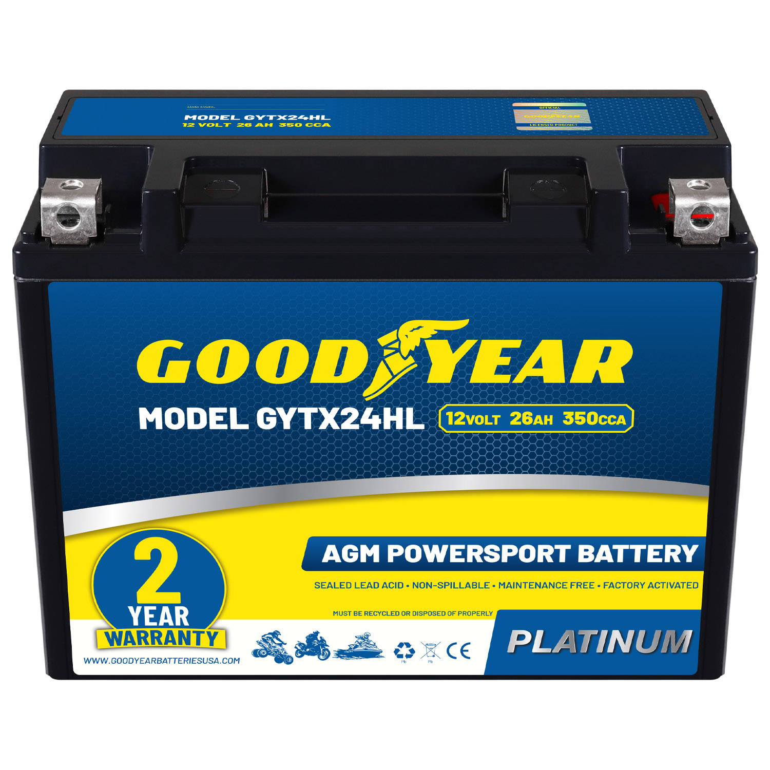 Goodyear GYTX24HL - 12 Volt 26 AH, 350 CCA, Rechargeable High-Performance, Maintenance Free, SLA - AGM Battery for Motorcycle, ATV, UTV, Scooter, Snowmobile, Motorbike and more!