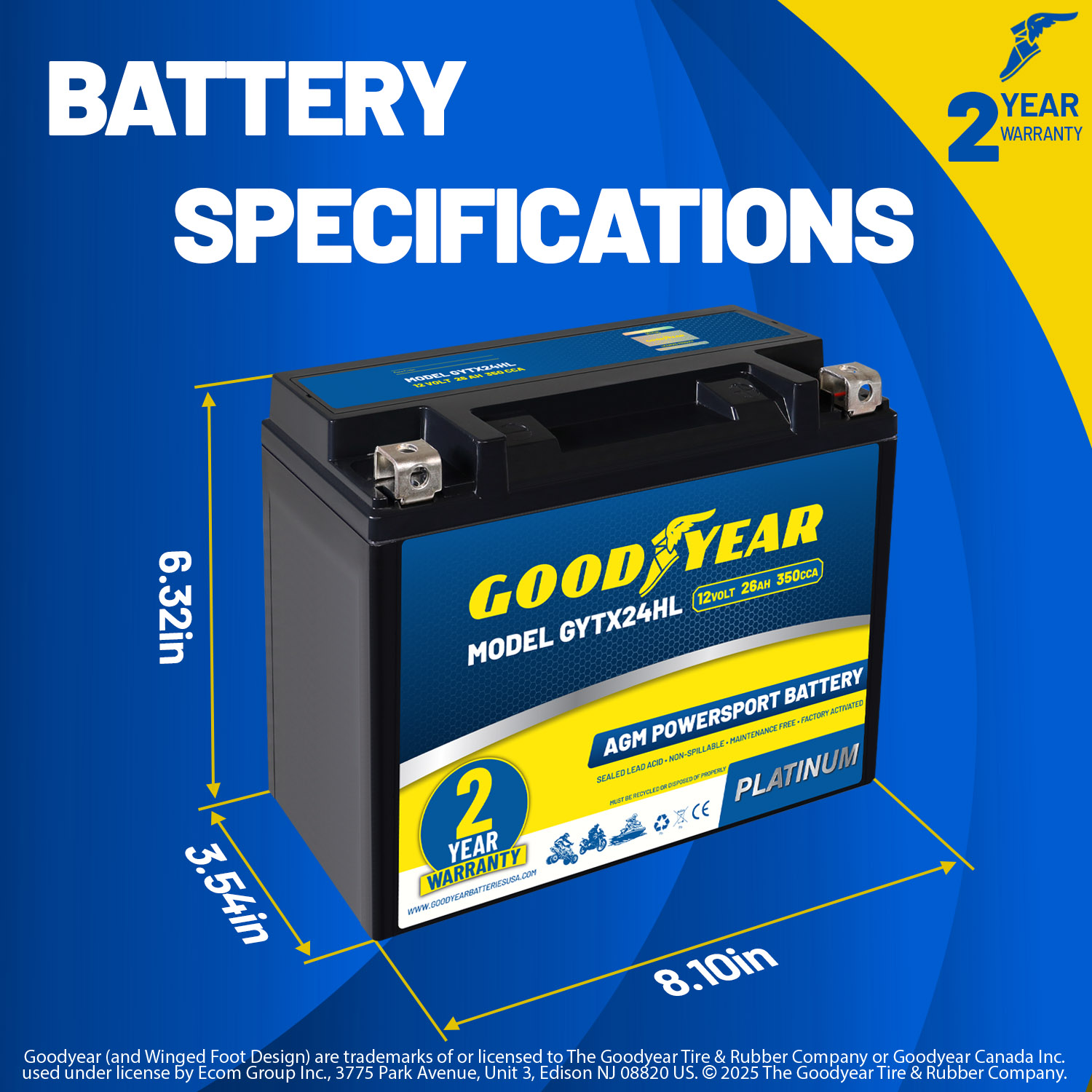 Goodyear GYTX24HL - 12 Volt 26 AH, 350 CCA, Rechargeable High-Performance, Maintenance Free, SLA - AGM Battery for Motorcycle, ATV, UTV, Scooter, Snowmobile, Motorbike and more!
