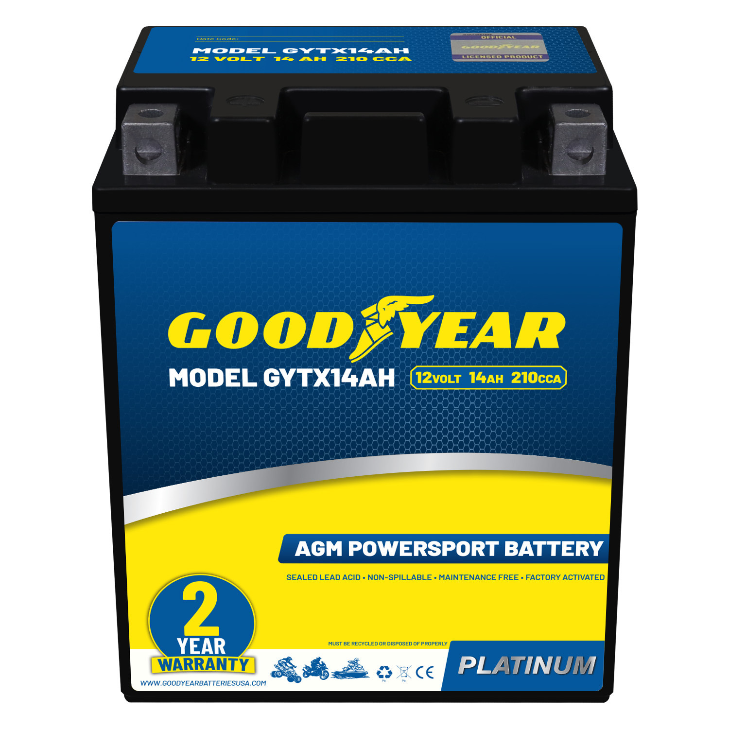 Goodyear GYTX14AH - 12 Volt 14 AH, 210 CCA, Rechargeable High-Performance, Maintenance Free, SLA - AGM Battery for Motorcycle, ATV, UTV, 4-Wheeler, Snowmobile, Watercraft and more!