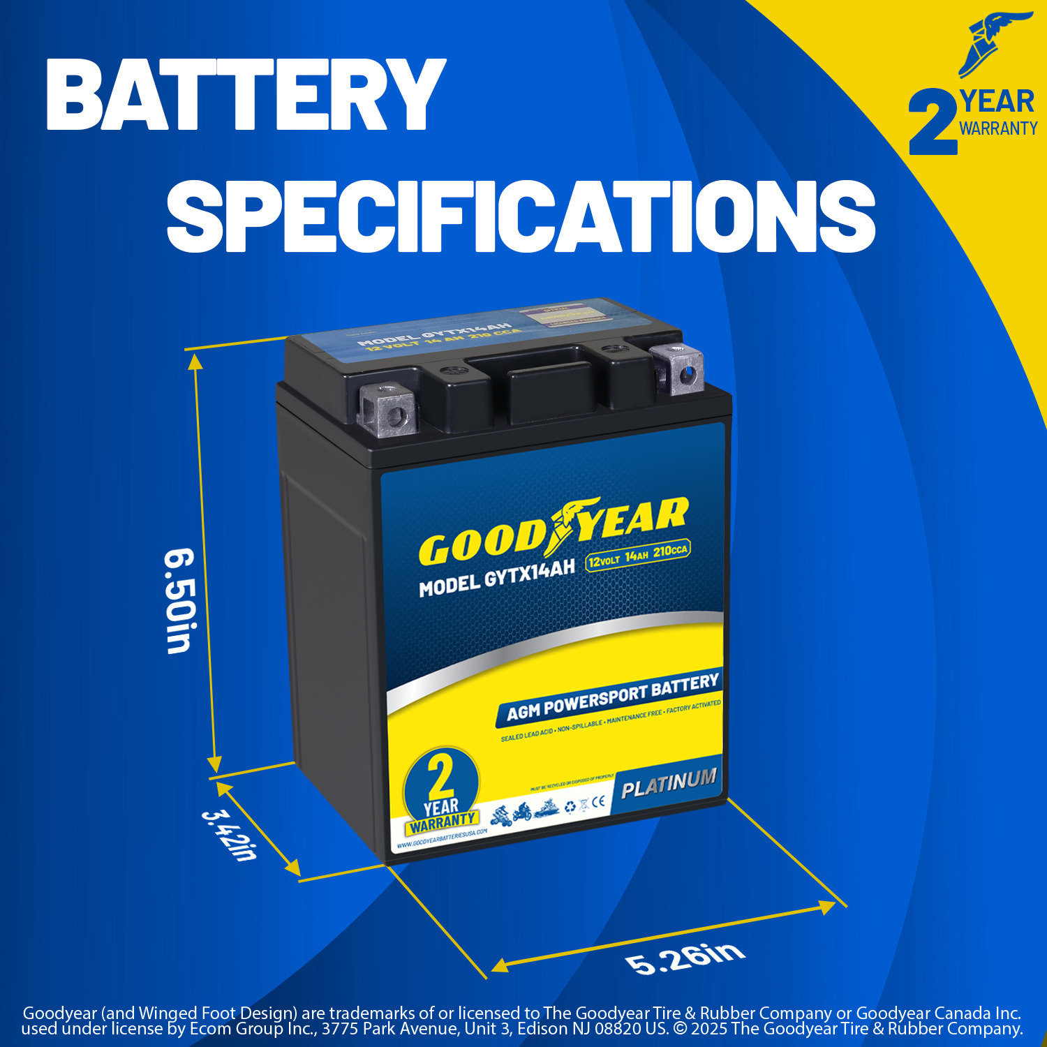 Goodyear GYTX14AH - 12 Volt 14 AH, 210 CCA, Rechargeable High-Performance, Maintenance Free, SLA - AGM Battery for Motorcycle, ATV, UTV, 4-Wheeler, Snowmobile, Watercraft and more!