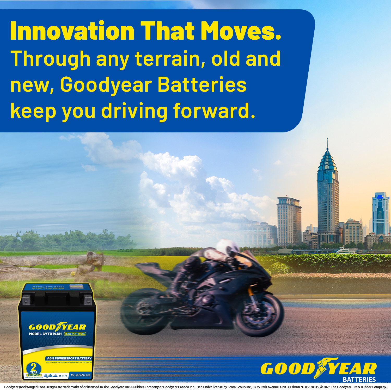 Goodyear GYTX14AH - 12 Volt 14 AH, 210 CCA, Rechargeable High-Performance, Maintenance Free, SLA - AGM Battery for Motorcycle, ATV, UTV, 4-Wheeler, Snowmobile, Watercraft and more!