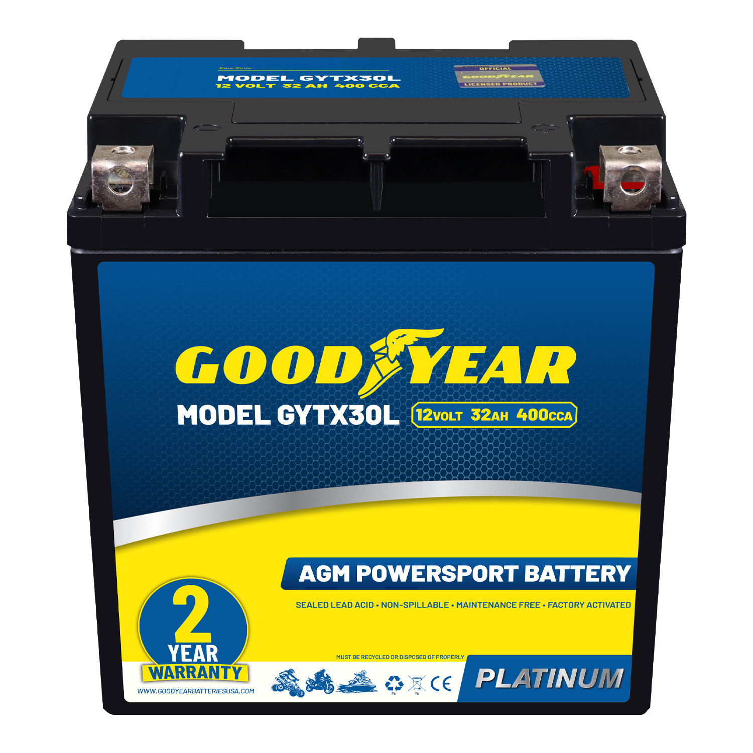 Goodyear GYTX30L - 12 Volt 32 AH, 400 CCA, Rechargeable High-Performance, Maintenance Free, SLA - AGM Battery for Motorcycle, ATV, UTV, Scooter, Snowmobile, Motorbike and more!