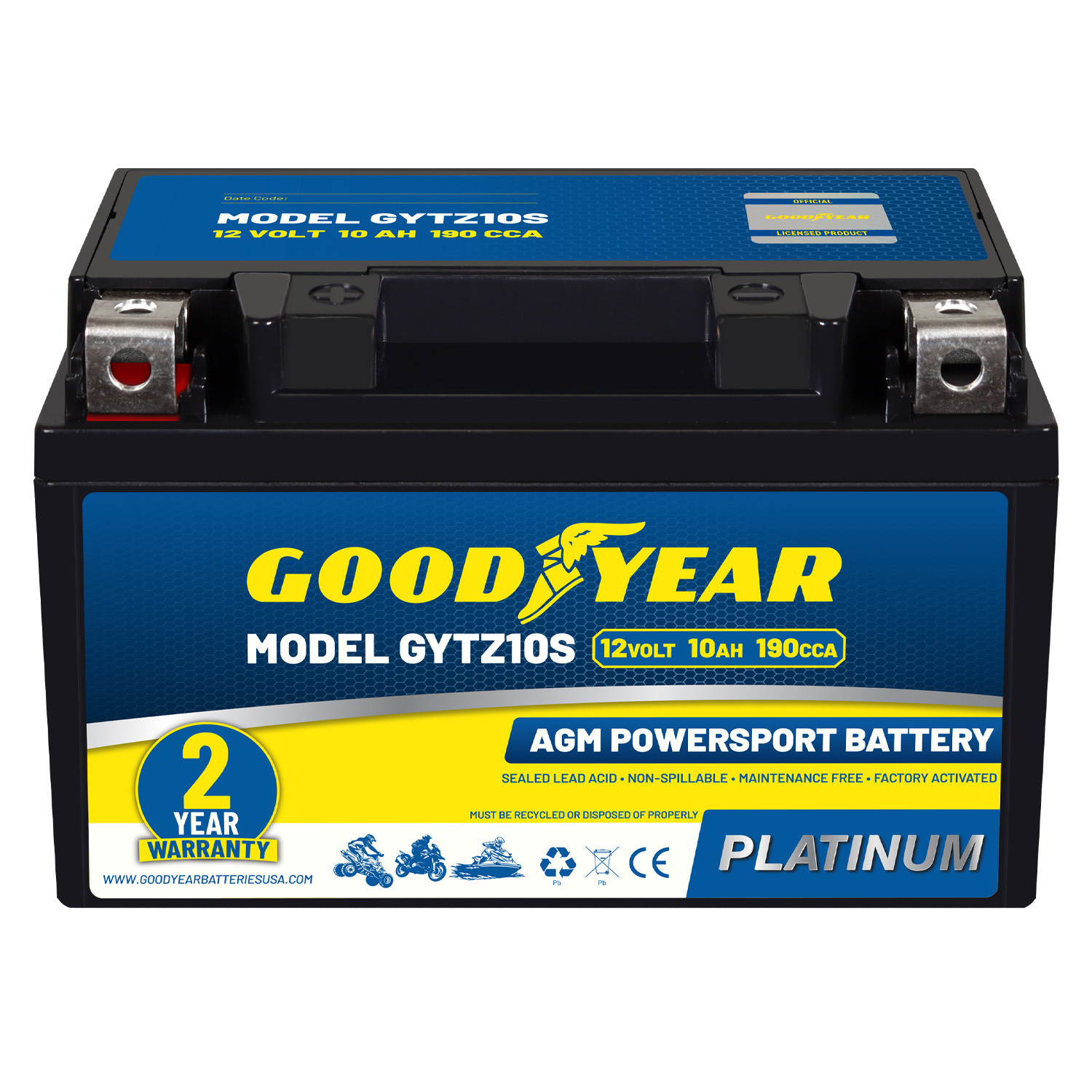 Goodyear GYTZ10S - 12 Volt 10 AH, 190 CCA, Rechargeable High-Performance, Maintenance Free, SLA - AGM Battery for Motorcycle, ATV, UTV, Scooter, Snowmobile, Motorbike and more!