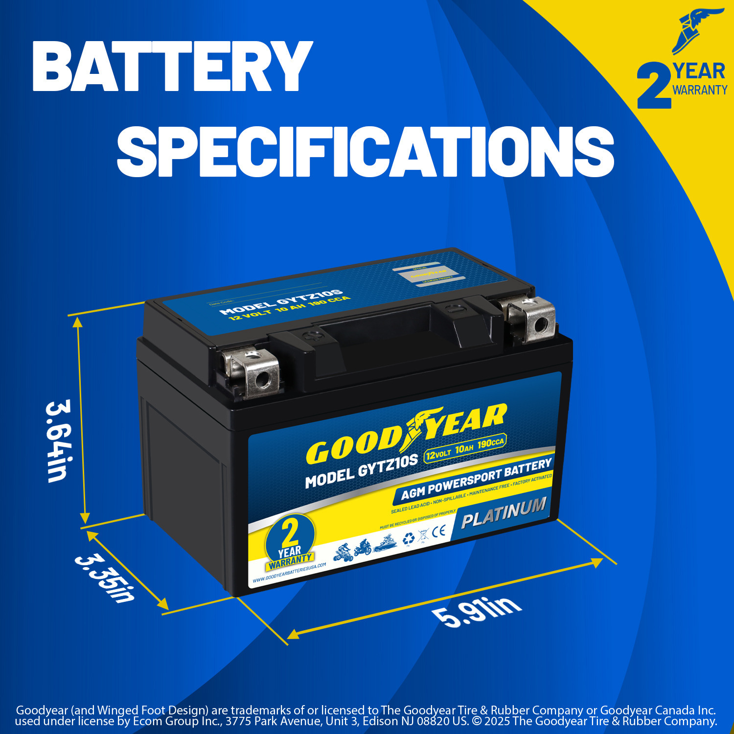 Goodyear GYTZ10S - 12 Volt 10 AH, 190 CCA, Rechargeable High-Performance, Maintenance Free, SLA - AGM Battery for Motorcycle, ATV, UTV, Scooter, Snowmobile, Motorbike and more!