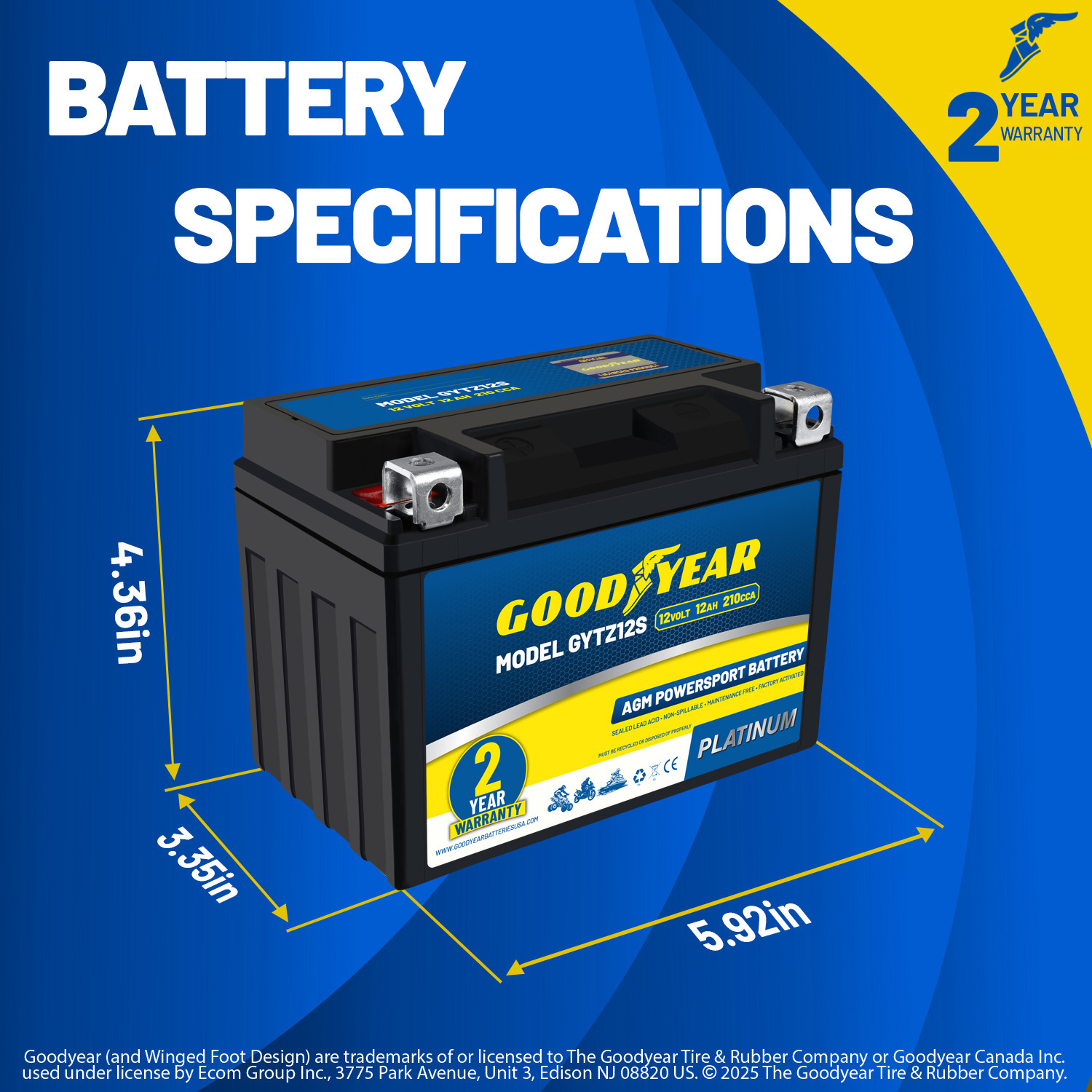 Goodyear GYTZ12S - 12 Volt 12 AH, 210 CCA, Rechargeable High-Performance, Maintenance Free, SLA - AGM Battery for Motorcycle, ATV, UTV, Scooter, Snowmobile, Motorbike and more!