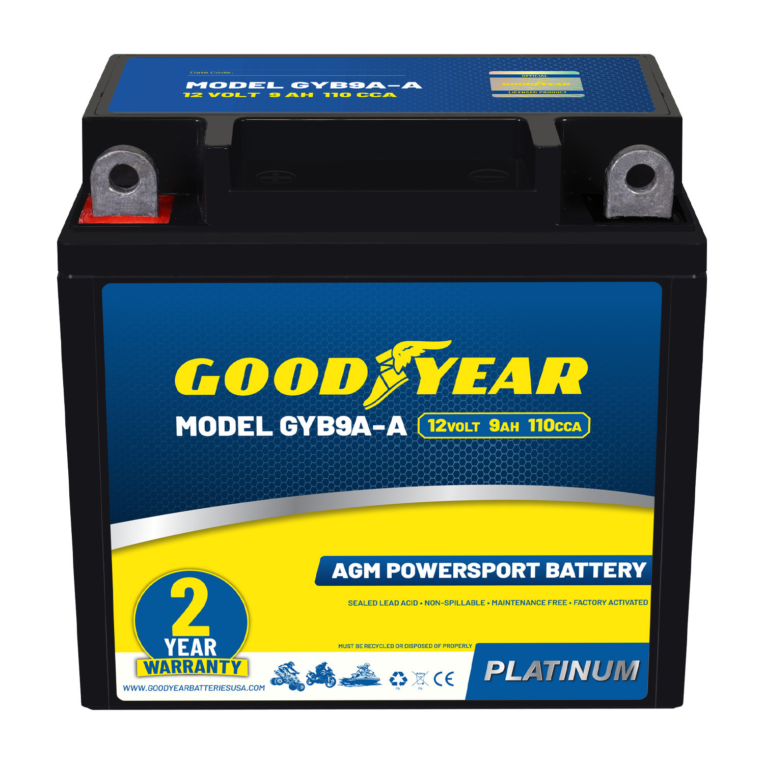 Goodyear GYB9A-A - 12 Volt 9 AH, 110 CCA, Rechargeable High-Performance, Maintenance Free, SLA - AGM Battery for Motorcycle, ATV, UTV, Scooter, Snowmobile, Motorbike and more!