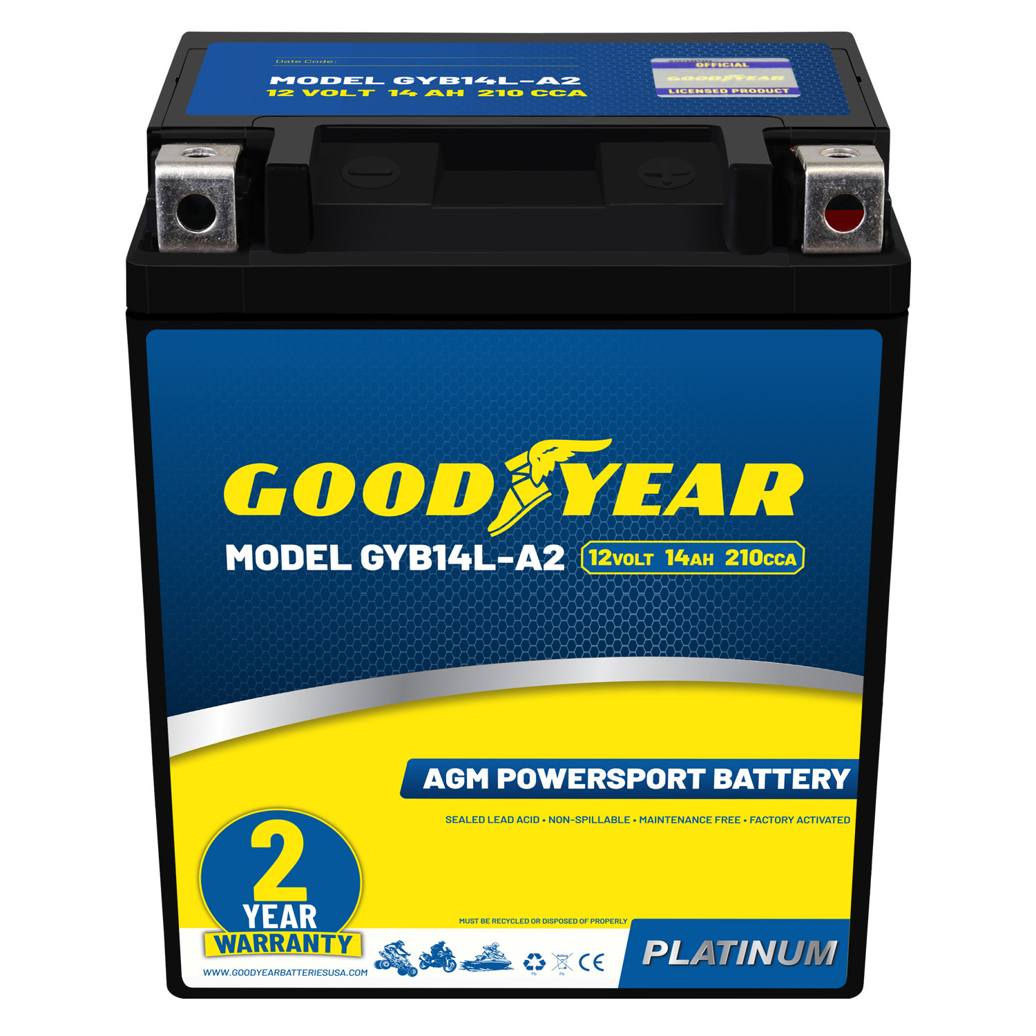 Goodyear GYB14L-A2 - 12 Volt 14 AH, 210 CCA, Rechargeable High-Performance, Maintenance Free, SLA - AGM Battery for Motorcycle, ATV, UTV, Scooter, Snowmobile, Motorbike and more!
