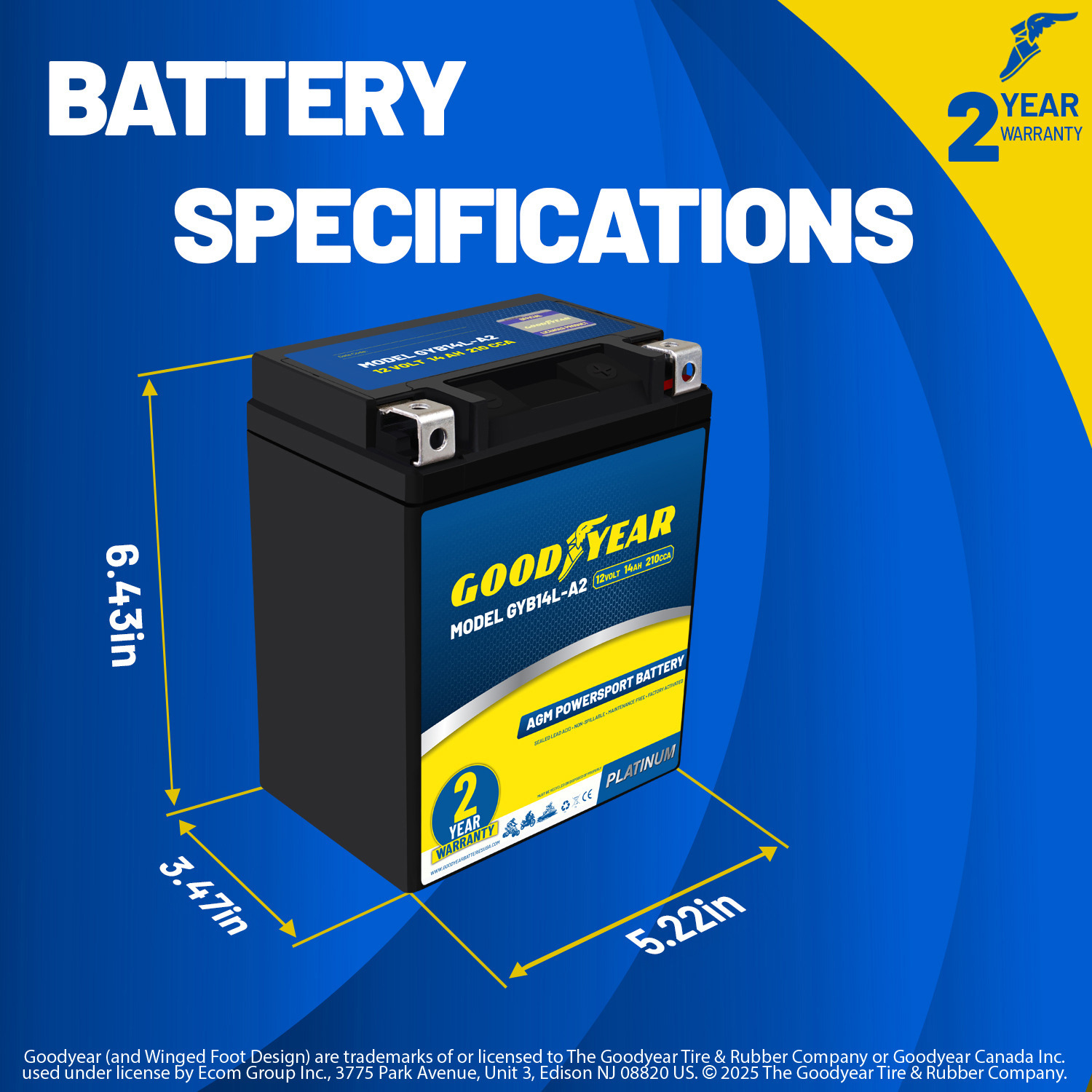 Goodyear GYB14L-A2 - 12 Volt 14 AH, 210 CCA, Rechargeable High-Performance, Maintenance Free, SLA - AGM Battery for Motorcycle, ATV, UTV, Scooter, Snowmobile, Motorbike and more!