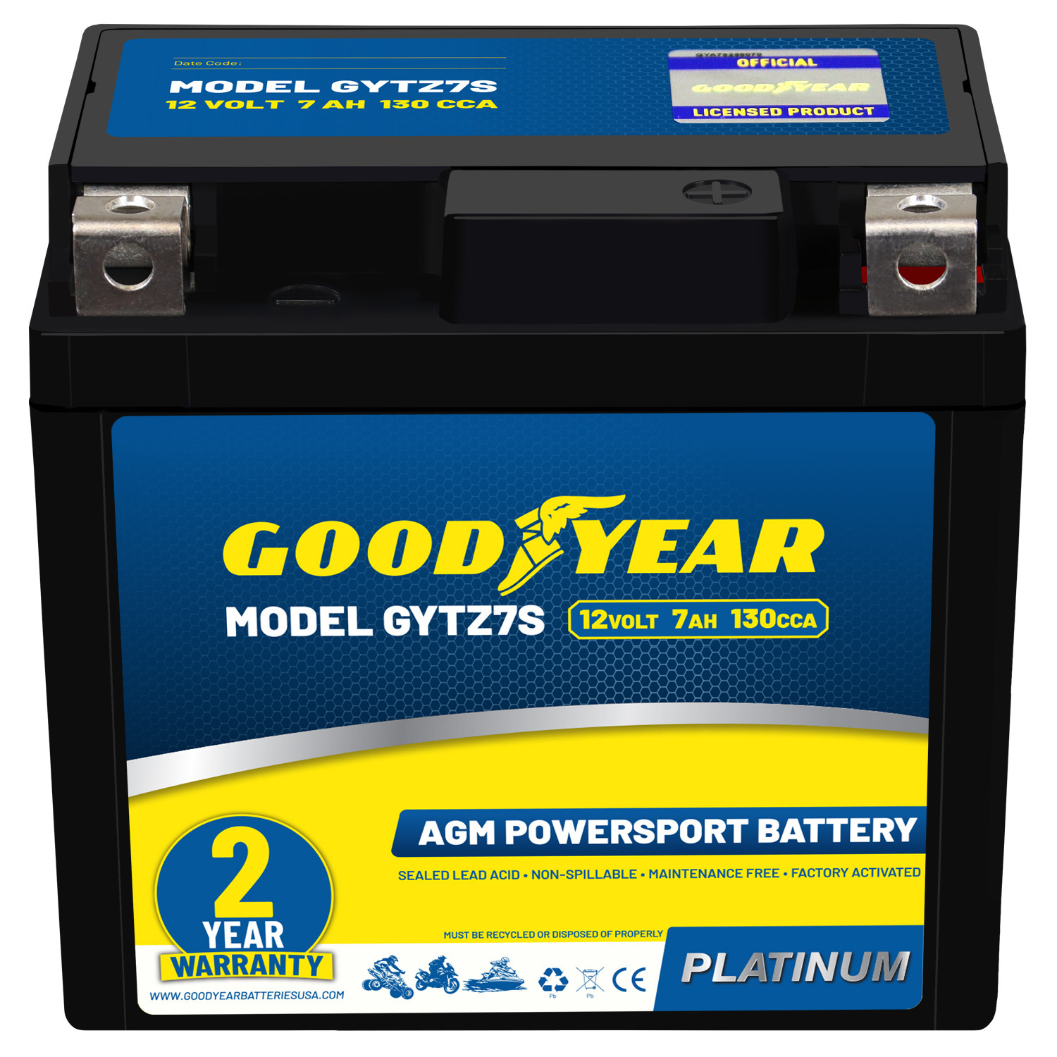 Goodyear GYTZ7S - 12 Volt 7 AH, 130 CCA, Rechargeable High-Performance, Maintenance Free, SLA - AGM Battery for Motorcycle, ATV, UTV, Scooter, Snowmobile, Motorbike and more!