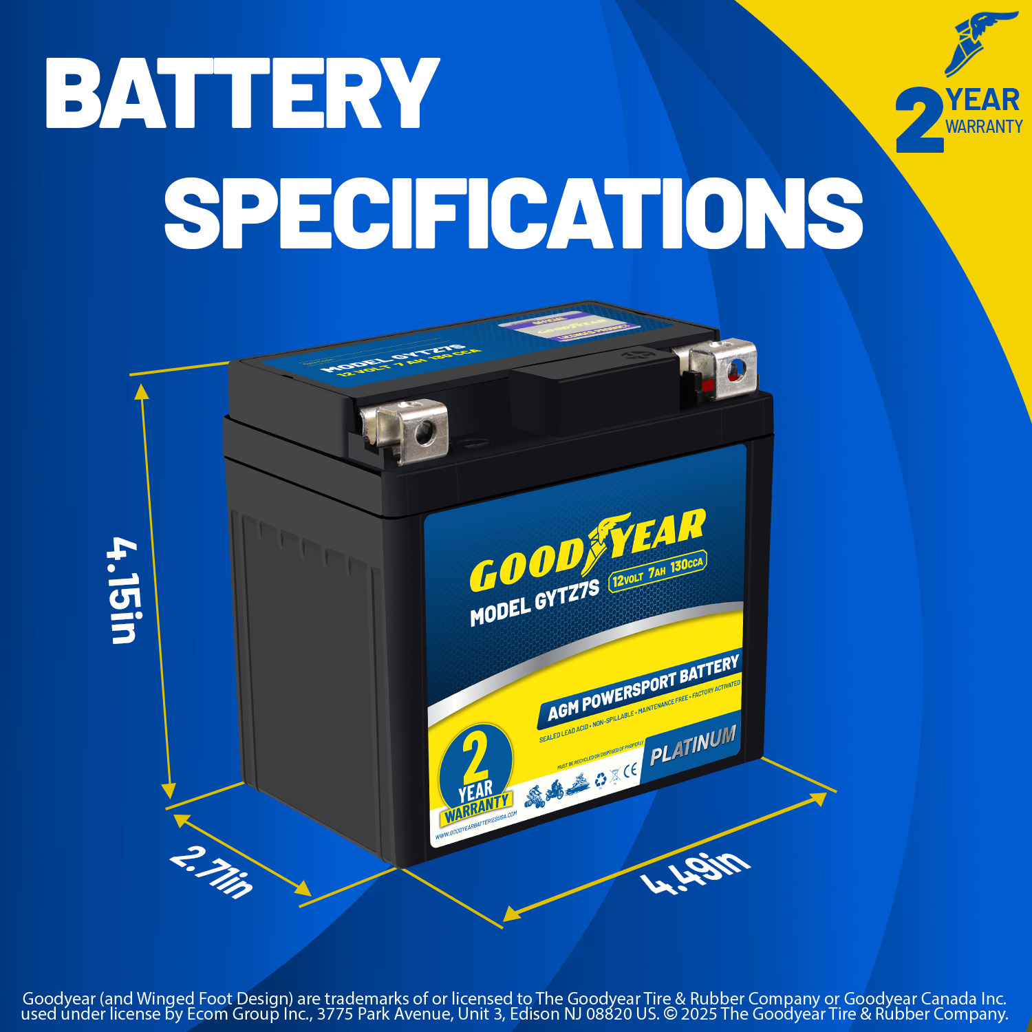 Goodyear GYTZ7S - 12 Volt 7 AH, 130 CCA, Rechargeable High-Performance, Maintenance Free, SLA - AGM Battery for Motorcycle, ATV, UTV, Scooter, Snowmobile, Motorbike and more!