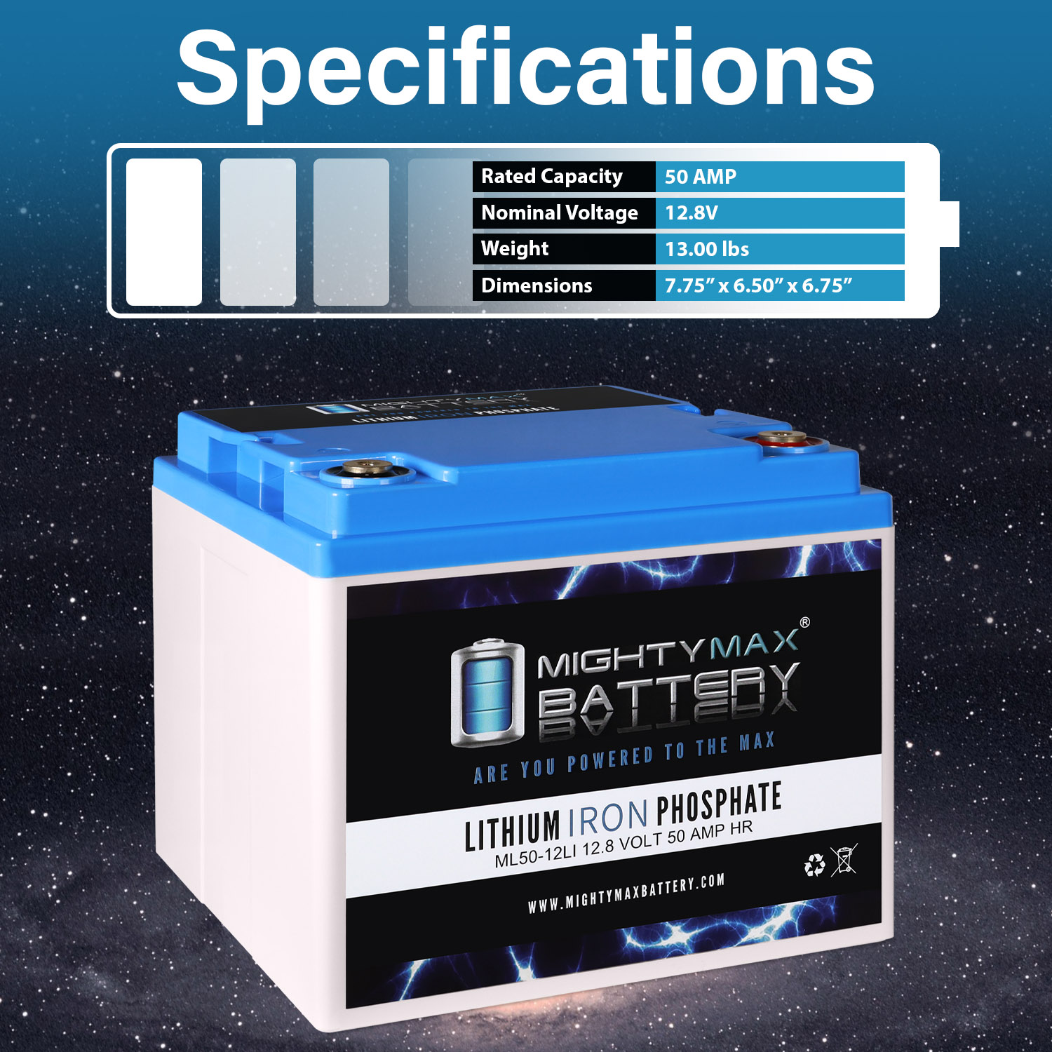 ML50-12LI - 12 Volt 50 AH Deep Cycle Lithium Iron Phosphate (LiFePO4) Rechargeable and Maintenance Free Battery - Pack of 2