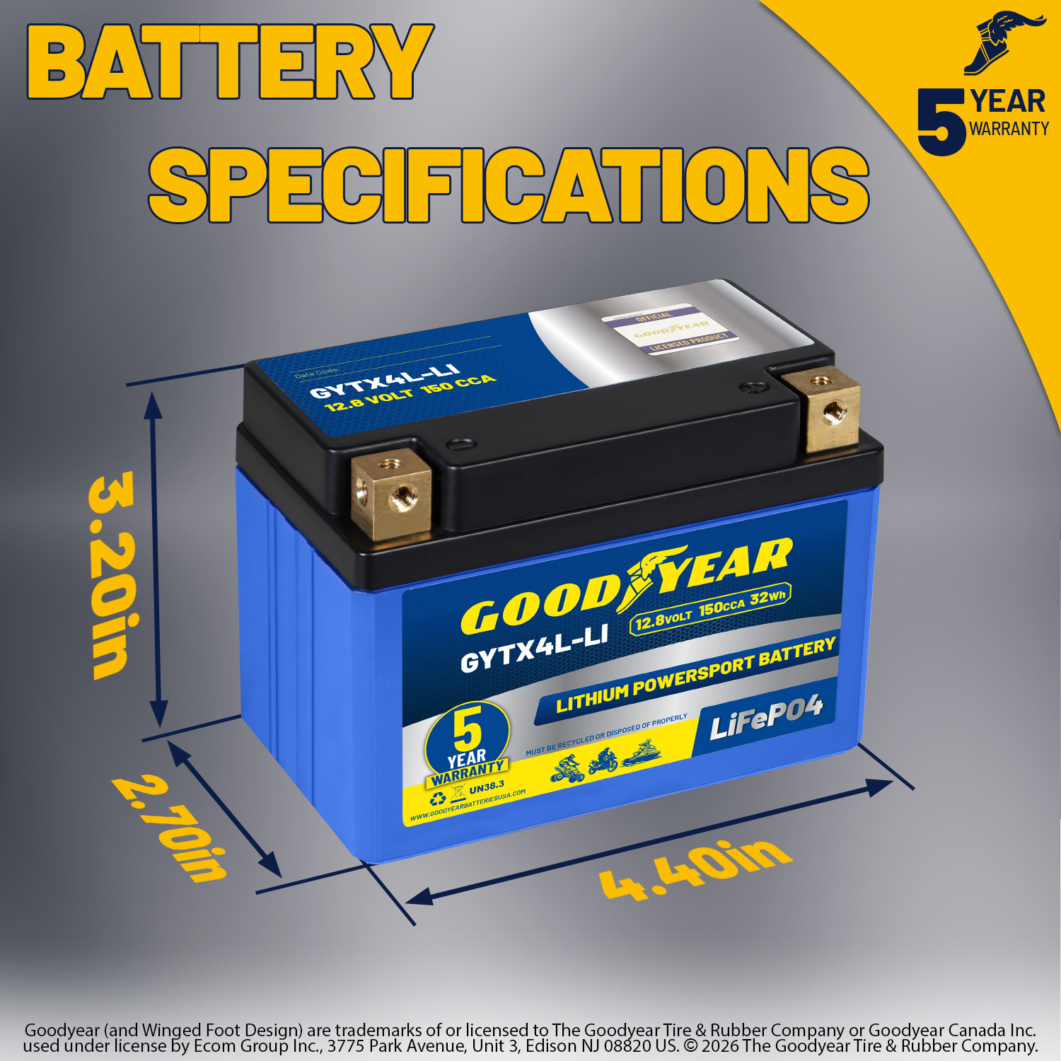 Goodyear GYTX4L-LI Lithium LiFePO4 12.8V 150CCA Rechargeable High Performance Powersport Battery with Smart BMS Replacement for Motorcycle, ATV, UTV, Scooter, Watercraft, Jet Ski, and Snowmobile