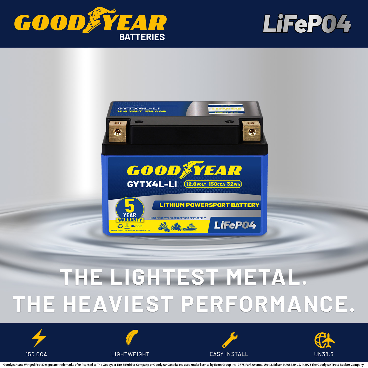 Goodyear GYTX4L-LI Lithium LiFePO4 12.8V 150CCA Rechargeable High Performance Powersport Battery with Smart BMS Replacement for Motorcycle, ATV, UTV, Scooter, Watercraft, Jet Ski, and Snowmobile