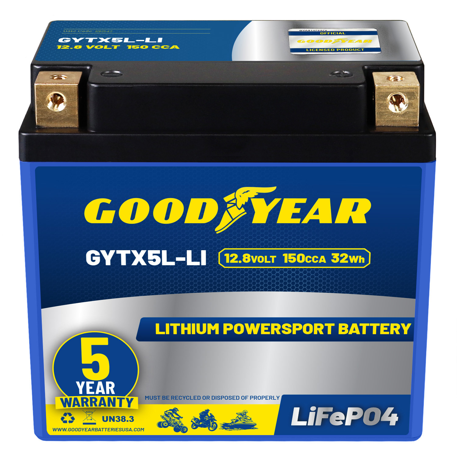 Goodyear GYTX5L-LI Lithium LiFePO4 12.8V 150CCA Rechargeable High Performance Powersport Battery with Smart BMS Replacement for Motorcycle, ATV, UTV, Scooter, Watercraft, Jet Ski, and Snowmobile