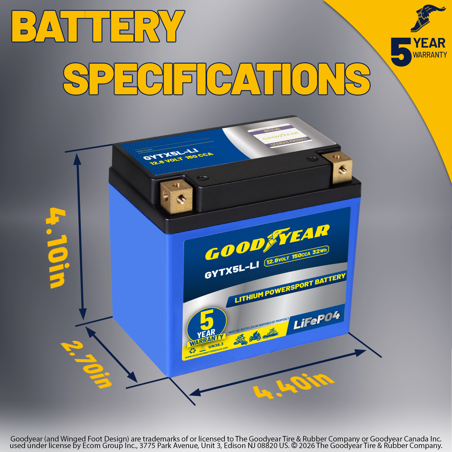 Goodyear GYTX5L-LI Lithium LiFePO4 12.8V 150CCA Rechargeable High Performance Powersport Battery with Smart BMS Replacement for Motorcycle, ATV, UTV, Scooter, Watercraft, Jet Ski, and Snowmobile