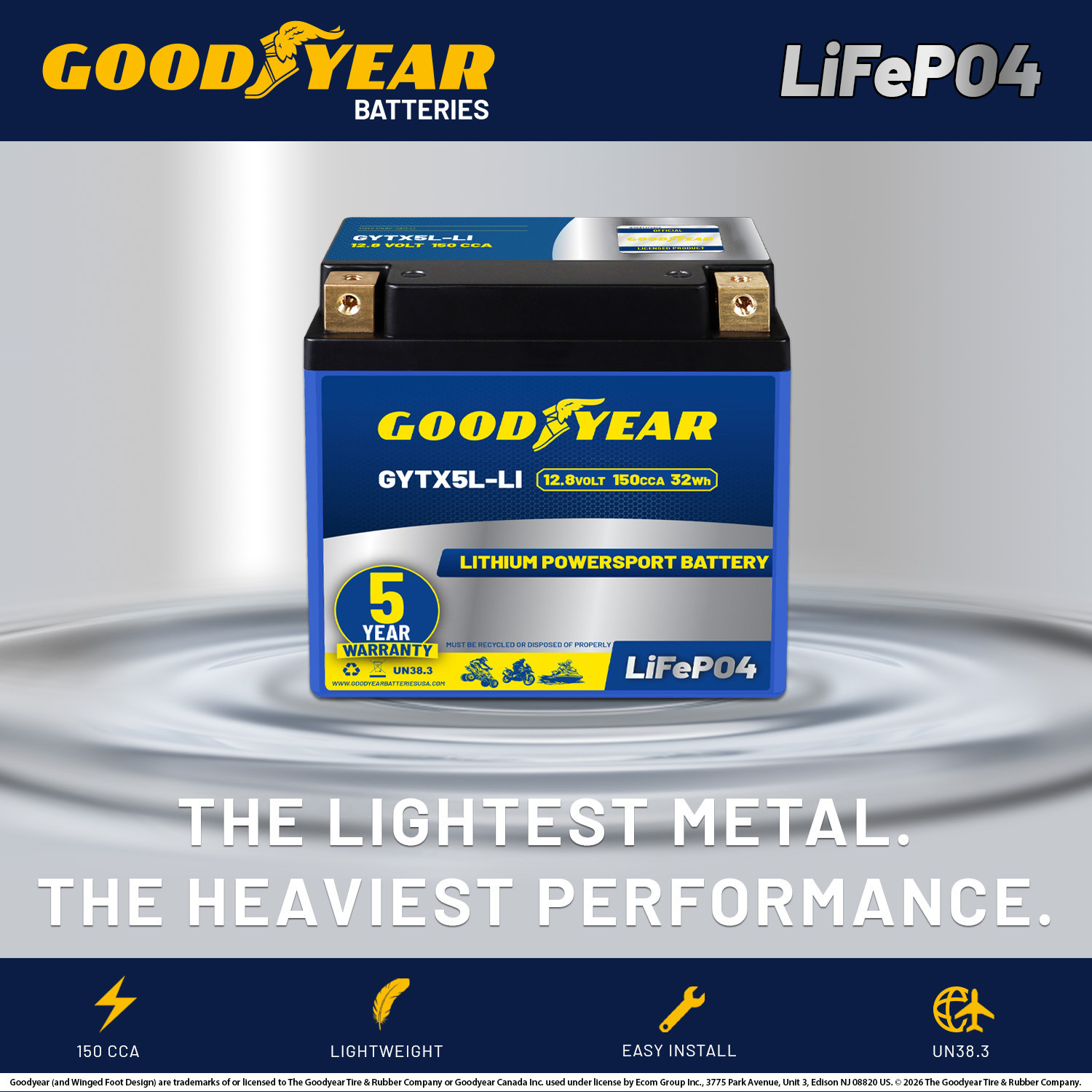Goodyear GYTX5L-LI Lithium LiFePO4 12.8V 150CCA Rechargeable High Performance Powersport Battery with Smart BMS Replacement for Motorcycle, ATV, UTV, Scooter, Watercraft, Jet Ski, and Snowmobile