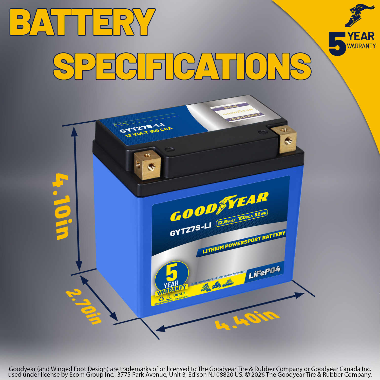 Goodyear GYTZ7S-LI Lithium LiFePO4 12.8V 150CCA Rechargeable High Performance Powersport Battery with Smart BMS Replacement for Motorcycle, ATV, UTV, Scooter, Watercraft, Jet Ski, and Snowmobile