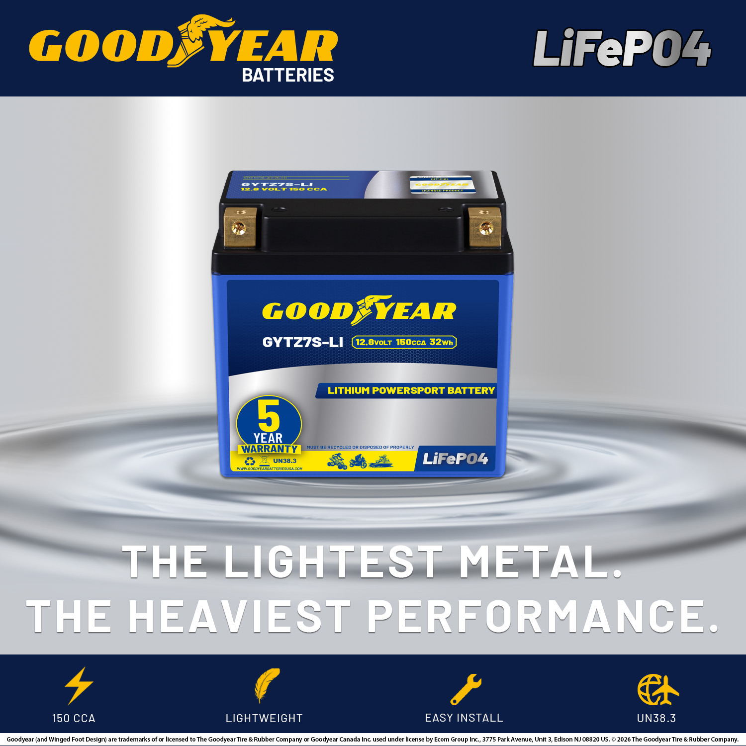 Goodyear GYTZ7S-LI Lithium LiFePO4 12.8V 150CCA Rechargeable High Performance Powersport Battery with Smart BMS Replacement for Motorcycle, ATV, UTV, Scooter, Watercraft, Jet Ski, and Snowmobile