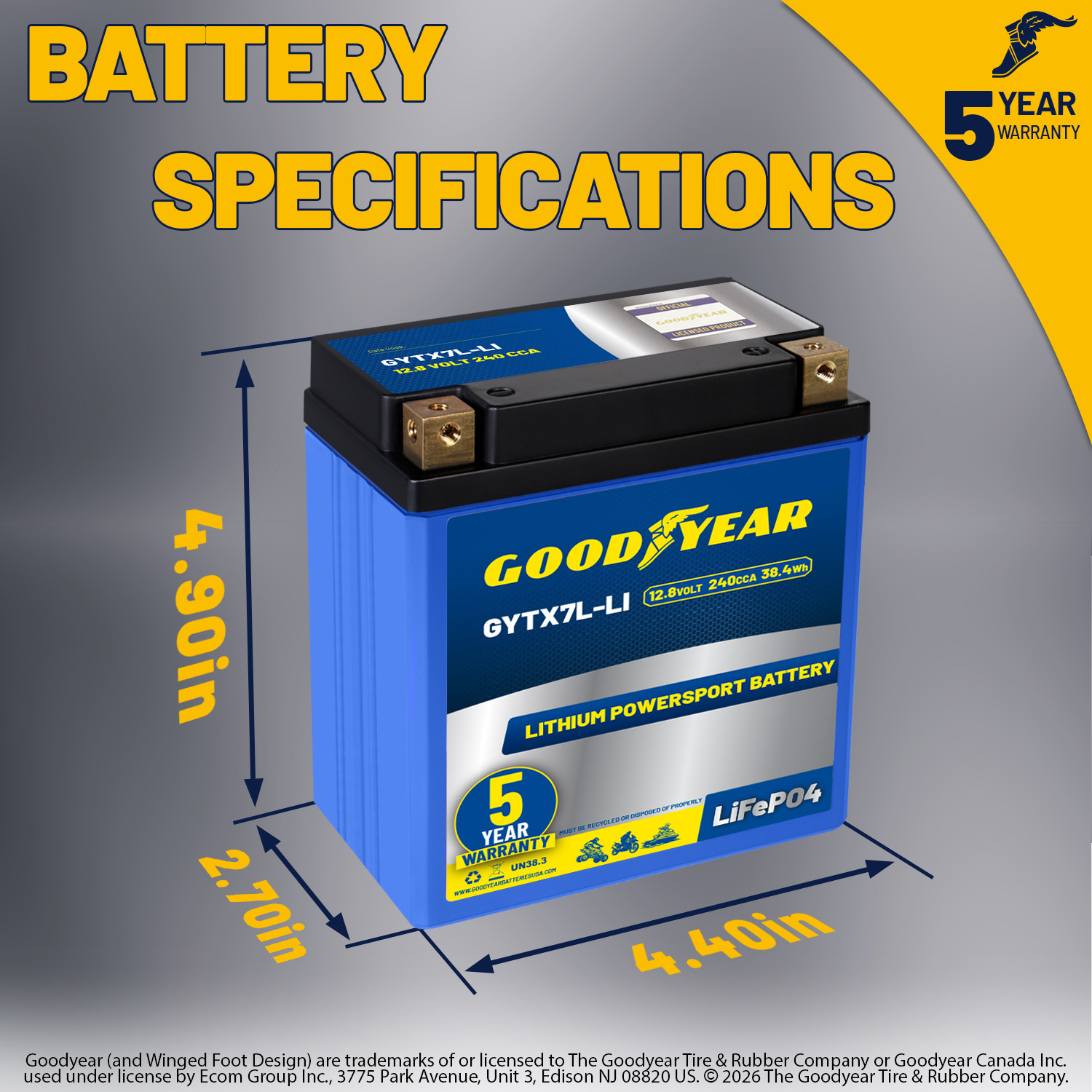 Goodyear GYTX7L-LI Lithium LiFePO4 12.8V 240CCA Rechargeable High Performance Powersport Battery with Smart BMS Replacement for Motorcycle, ATV, UTV, Scooter, Watercraft, Jet Ski, and Snowmobile