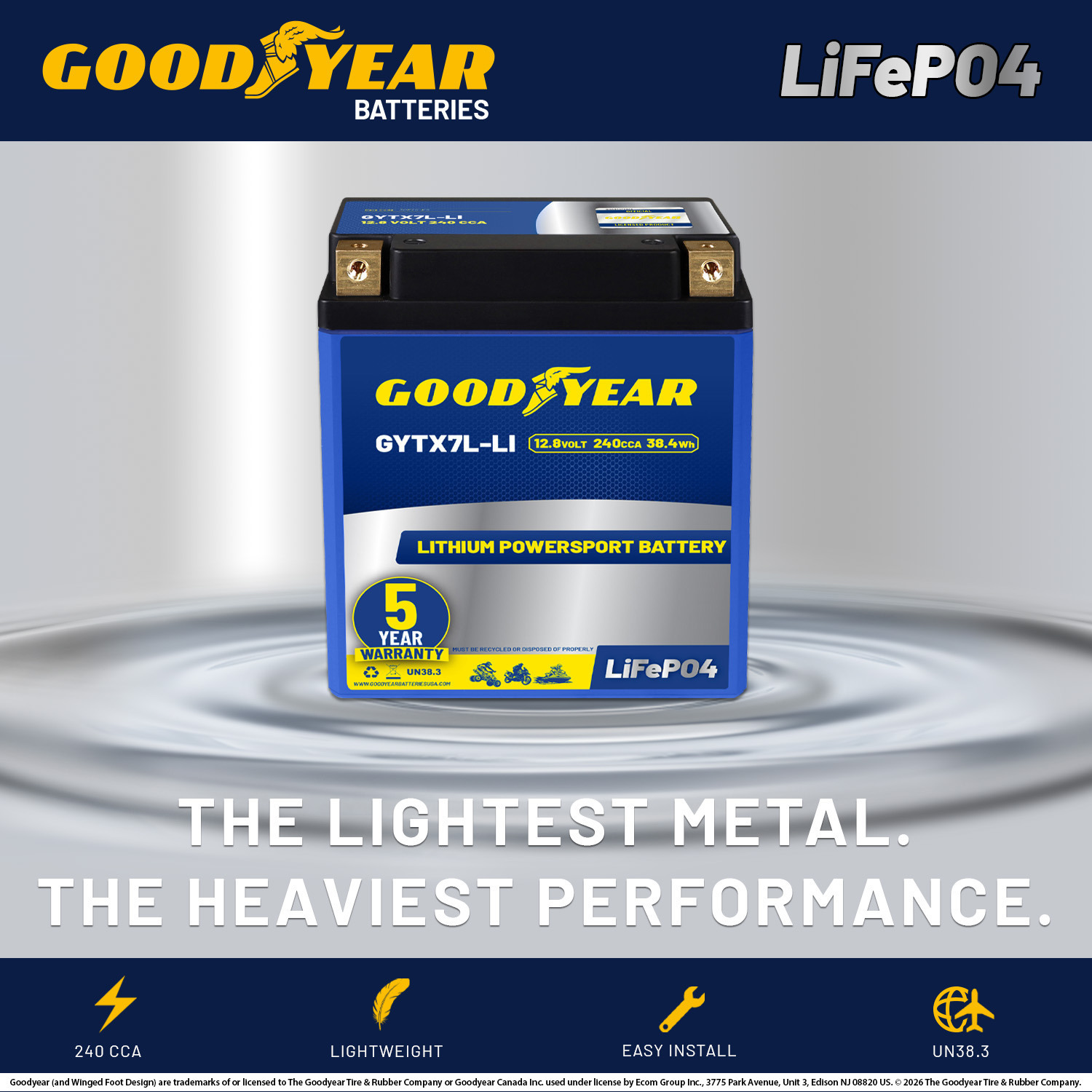 Goodyear GYTX7L-LI Lithium LiFePO4 12.8V 240CCA Rechargeable High Performance Powersport Battery with Smart BMS Replacement for Motorcycle, ATV, UTV, Scooter, Watercraft, Jet Ski, and Snowmobile