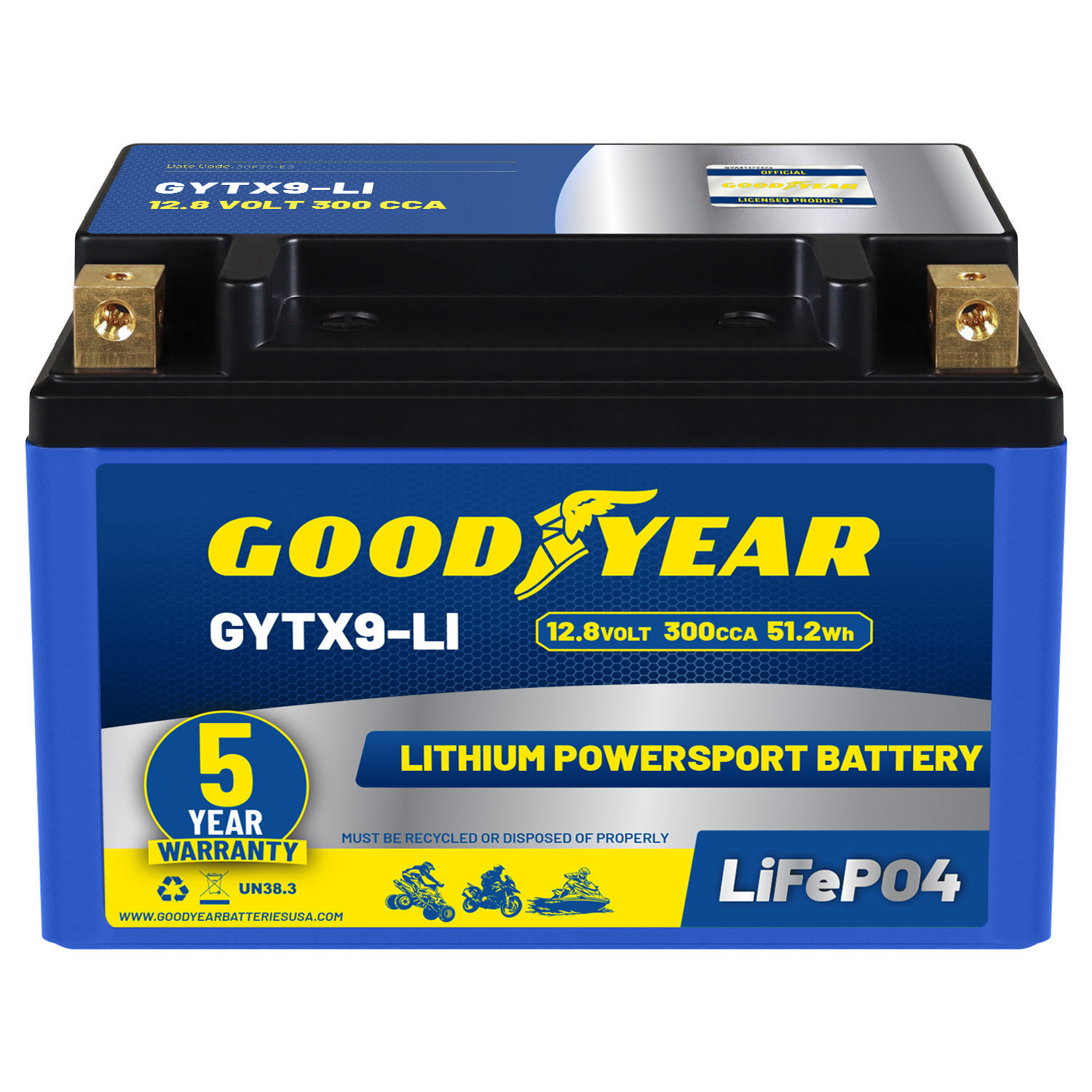 Goodyear GYTX9-LI Lithium LiFePO4 12.8V 300CCA Rechargeable High Performance Powersport Battery with Smart BMS Replacement for Motorcycle, ATV, UTV, Scooter, Watercraft, Jet Ski, and Snowmobile