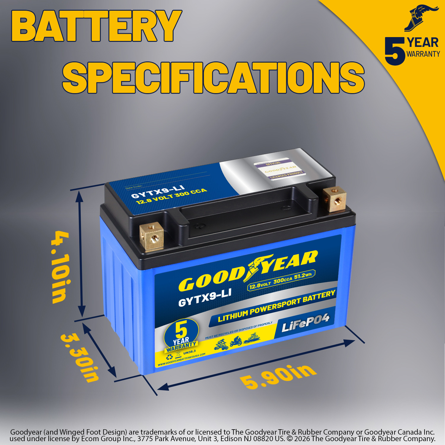 Goodyear GYTX9-LI Lithium LiFePO4 12.8V 300CCA Rechargeable High Performance Powersport Battery with Smart BMS Replacement for Motorcycle, ATV, UTV, Scooter, Watercraft, Jet Ski, and Snowmobile