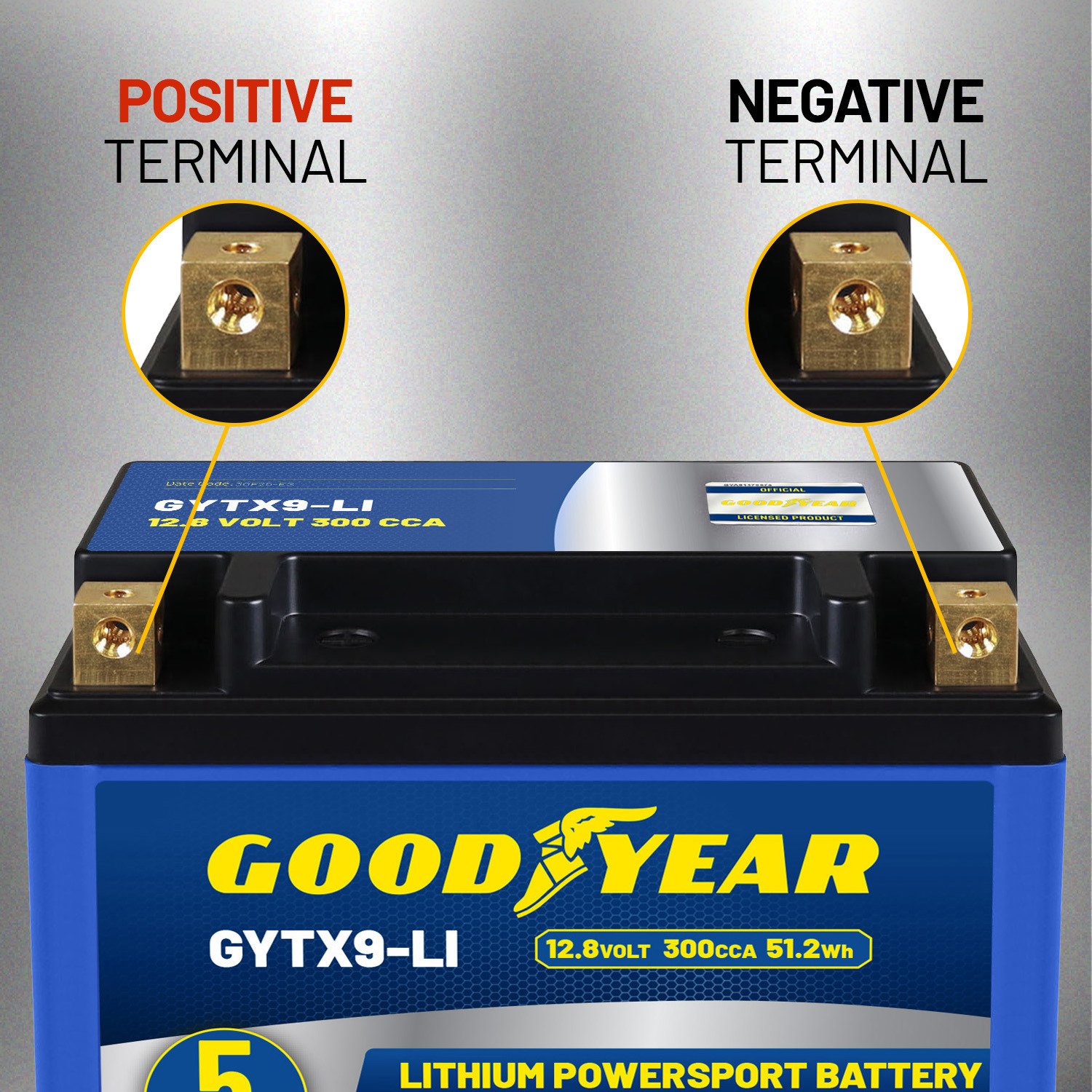 Goodyear GYTX9-LI Lithium LiFePO4 12.8V 300CCA Rechargeable High Performance Powersport Battery with Smart BMS Replacement for Motorcycle, ATV, UTV, Scooter, Watercraft, Jet Ski, and Snowmobile