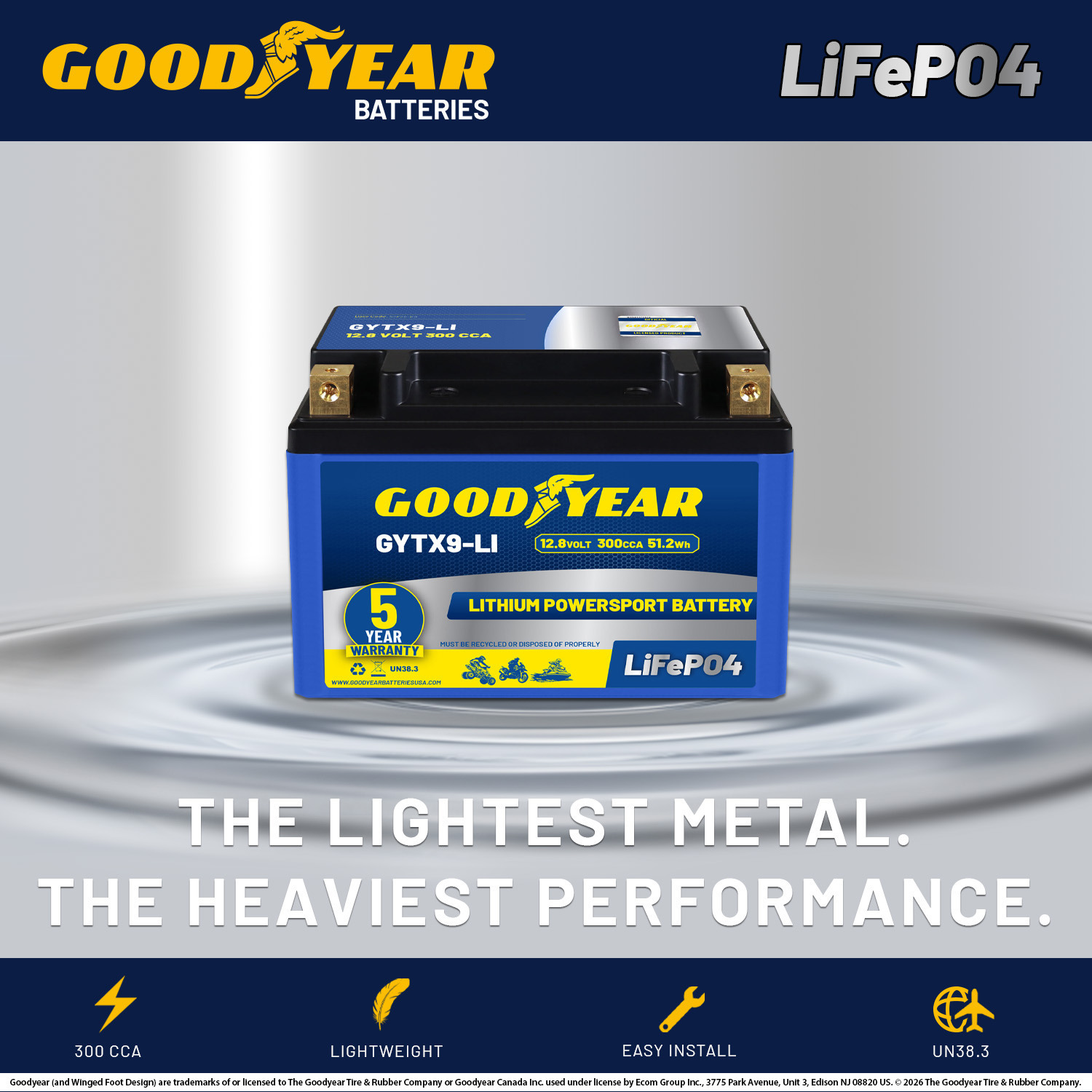Goodyear GYTX9-LI Lithium LiFePO4 12.8V 300CCA Rechargeable High Performance Powersport Battery with Smart BMS Replacement for Motorcycle, ATV, UTV, Scooter, Watercraft, Jet Ski, and Snowmobile