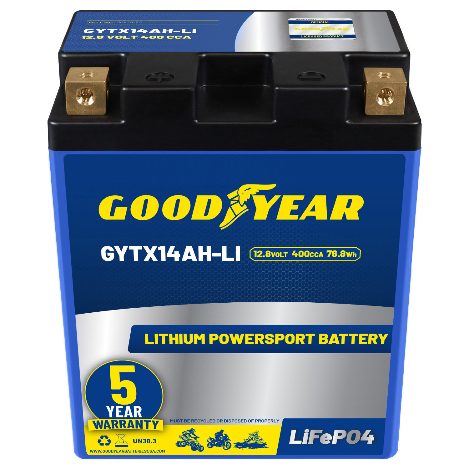 Goodyear GYTX14AH-LI Lithium LiFePO4 12.8V 400CCA Rechargeable High Performance Powersport Battery with Smart BMS Replacement for Motorcycle, ATV, UTV, Scooter, Watercraft, Jet Ski, and Snowmobile