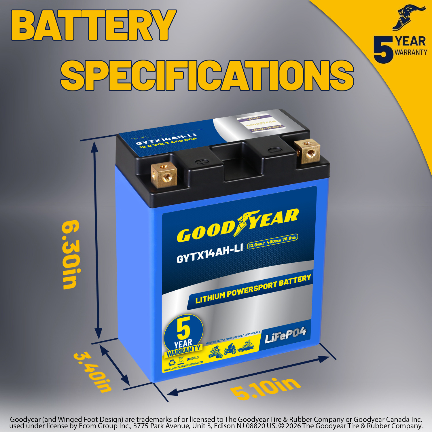 Goodyear GYTX14AH-LI Lithium LiFePO4 12.8V 400CCA Rechargeable High Performance Powersport Battery with Smart BMS Replacement for Motorcycle, ATV, UTV, Scooter, Watercraft, Jet Ski, and Snowmobile