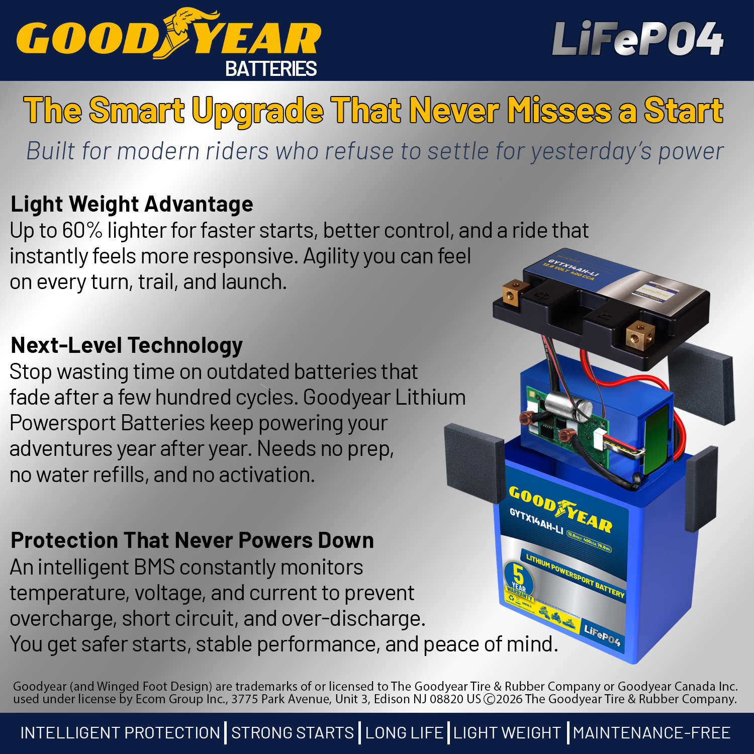 Goodyear GYTX14AH-LI Lithium LiFePO4 12.8V 400CCA Rechargeable High Performance Powersport Battery with Smart BMS Replacement for Motorcycle, ATV, UTV, Scooter, Watercraft, Jet Ski, and Snowmobile