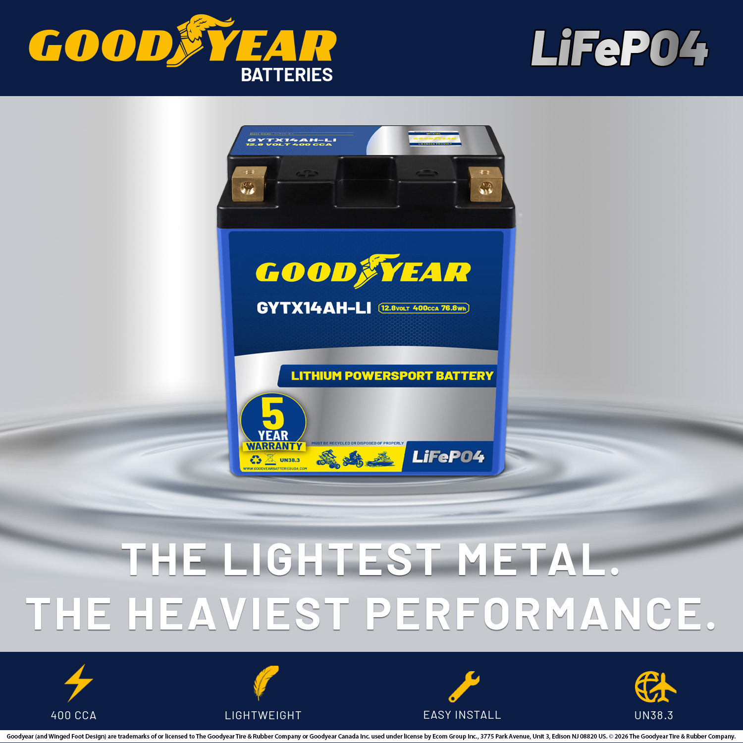 Goodyear GYTX14AH-LI Lithium LiFePO4 12.8V 400CCA Rechargeable High Performance Powersport Battery with Smart BMS Replacement for Motorcycle, ATV, UTV, Scooter, Watercraft, Jet Ski, and Snowmobile