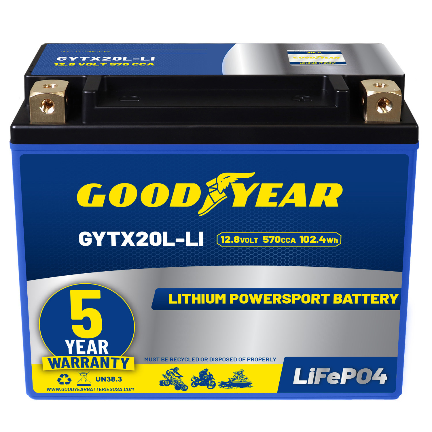 Goodyear GYTX20L-LI Lithium LiFePO4 12.8V 570CCA Rechargeable High Performance Powersport Battery with Smart BMS Replacement for Motorcycle, ATV, UTV, Scooter, Watercraft, Jet Ski, and Snowmobile
