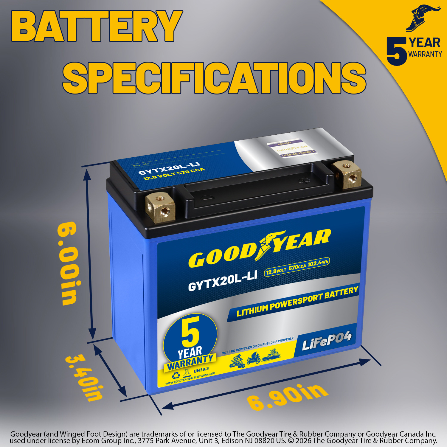 Goodyear GYTX20L-LI Lithium LiFePO4 12.8V 570CCA Rechargeable High Performance Powersport Battery with Smart BMS Replacement for Motorcycle, ATV, UTV, Scooter, Watercraft, Jet Ski, and Snowmobile