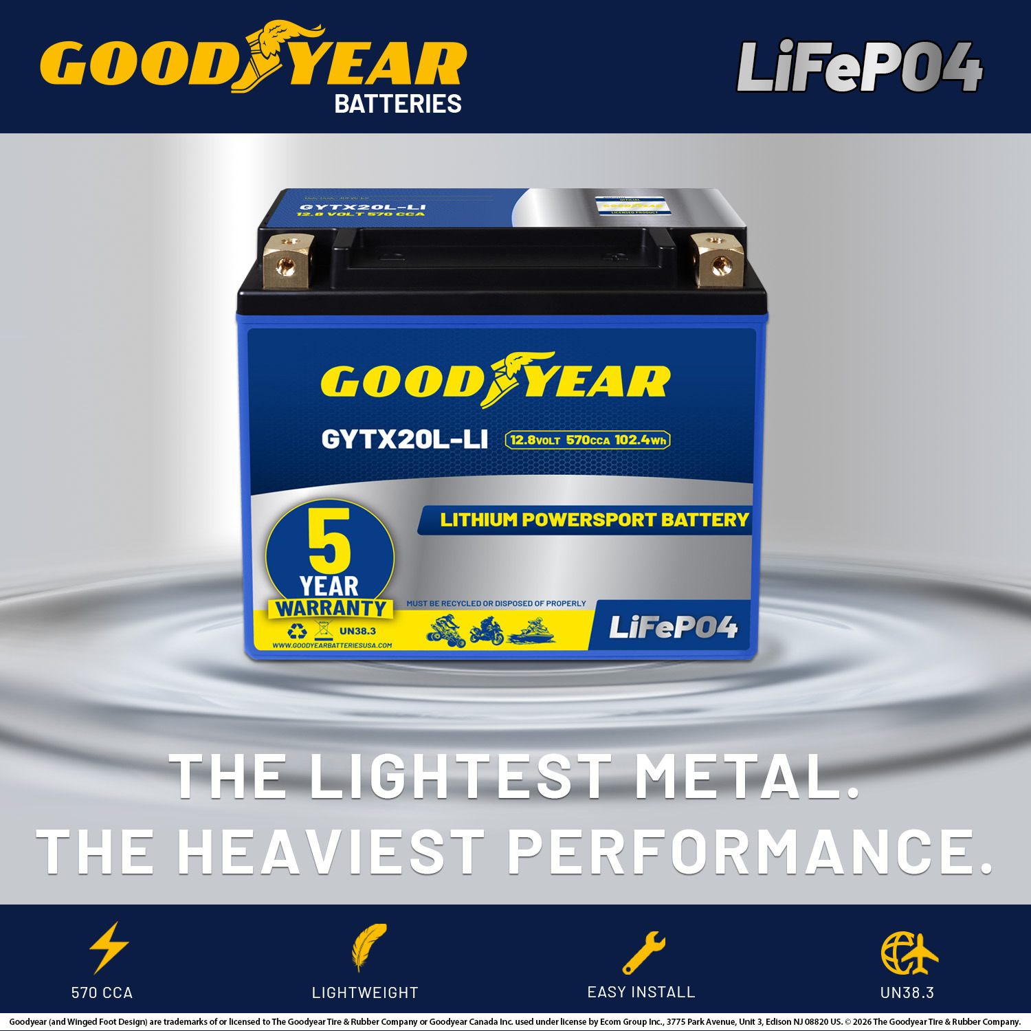 Goodyear GYTX20L-LI Lithium LiFePO4 12.8V 570CCA Rechargeable High Performance Powersport Battery with Smart BMS Replacement for Motorcycle, ATV, UTV, Scooter, Watercraft, Jet Ski, and Snowmobile