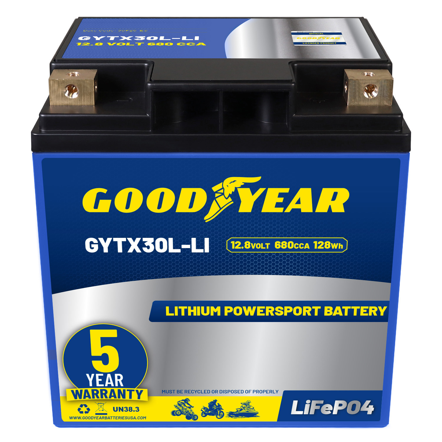 Goodyear GYTX30L-LI Lithium LiFePO4 12.8V 680CCA Rechargeable High Performance Powersport Battery with Smart BMS Replacement for Motorcycle, ATV, UTV, Scooter, Watercraft, Jet Ski, and Snowmobile