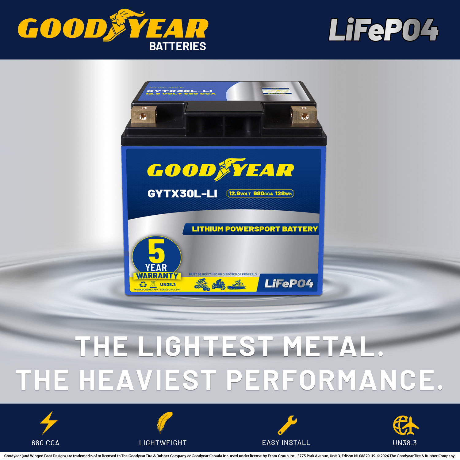 Goodyear GYTX30L-LI Lithium LiFePO4 12.8V 680CCA Rechargeable High Performance Powersport Battery with Smart BMS Replacement for Motorcycle, ATV, UTV, Scooter, Watercraft, Jet Ski, and Snowmobile